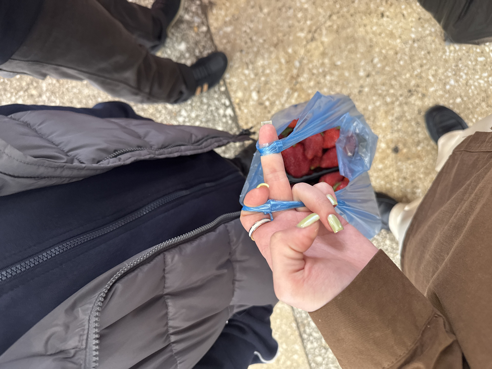 This outdoor image, taken in Chaikovsky, Russia, captures a close-up, top-down view of people standing on a paved surface, likely a sidewalk. In the foreground, a hand with light-toned skin, long light-green painted nails, and a silver ring on the index finger holds a blue plastic bag filled with red strawberries. The bag's handles are wrapped around the index finger.
To the left, another person is visible, wearing a dark blue or black puffer jacket with a grey quilted section and visible zippers, suggesting cool weather. Part of their dark pants and a dark shoe with light stripes or soles are also seen. To the right, only the lower part of a third person is visible, showing a dark shoe and brown or light-colored pants. The ground is a speckled, light-colored concrete or asphalt.
The activity appears to be casual, possibly after a purchase, with individuals standing or walking together. The lighting is soft and even, suggesting an overcast day or indirect light, likely daytime. No text is visible in the image, and no specific emotions are discernible.