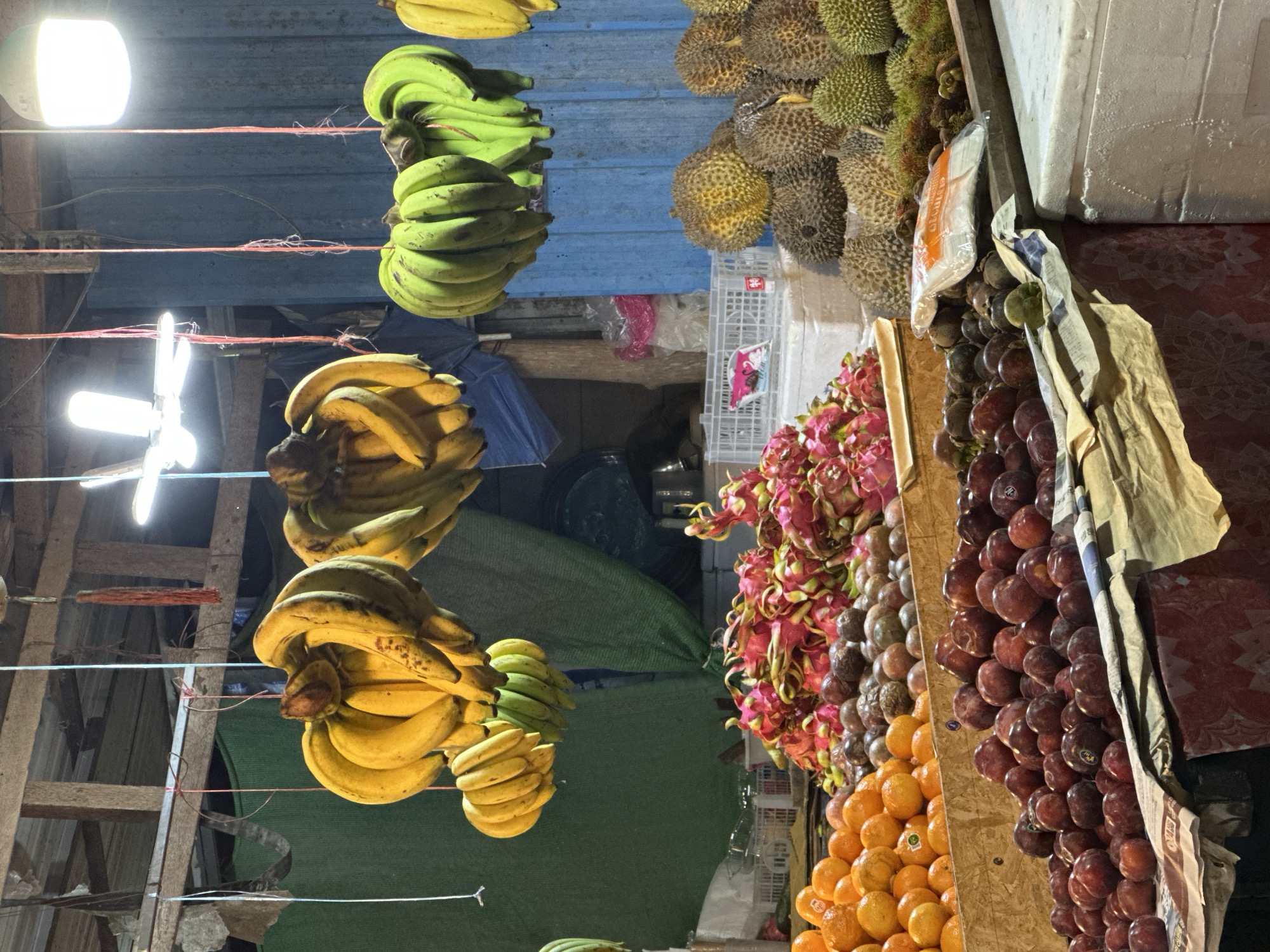 At a fruit stall in Koh Phangan, Thailand, bunches of bananas hang from the ceiling. To the left, yellow bananas are visible, while to the right, green bananas are displayed. Below the bananas, a variety of fruits are arranged on tables. Oranges are piled high in the foreground on the left, with dragon fruit and passion fruit behind them. Further to the right, durian fruit are stacked, and a cluster of mangosteen is also present. The stall appears to be outdoors or in an open-air market, with wooden structures overhead and blue corrugated metal siding in the background. The lighting suggests it might be evening or a dimly lit indoor space.