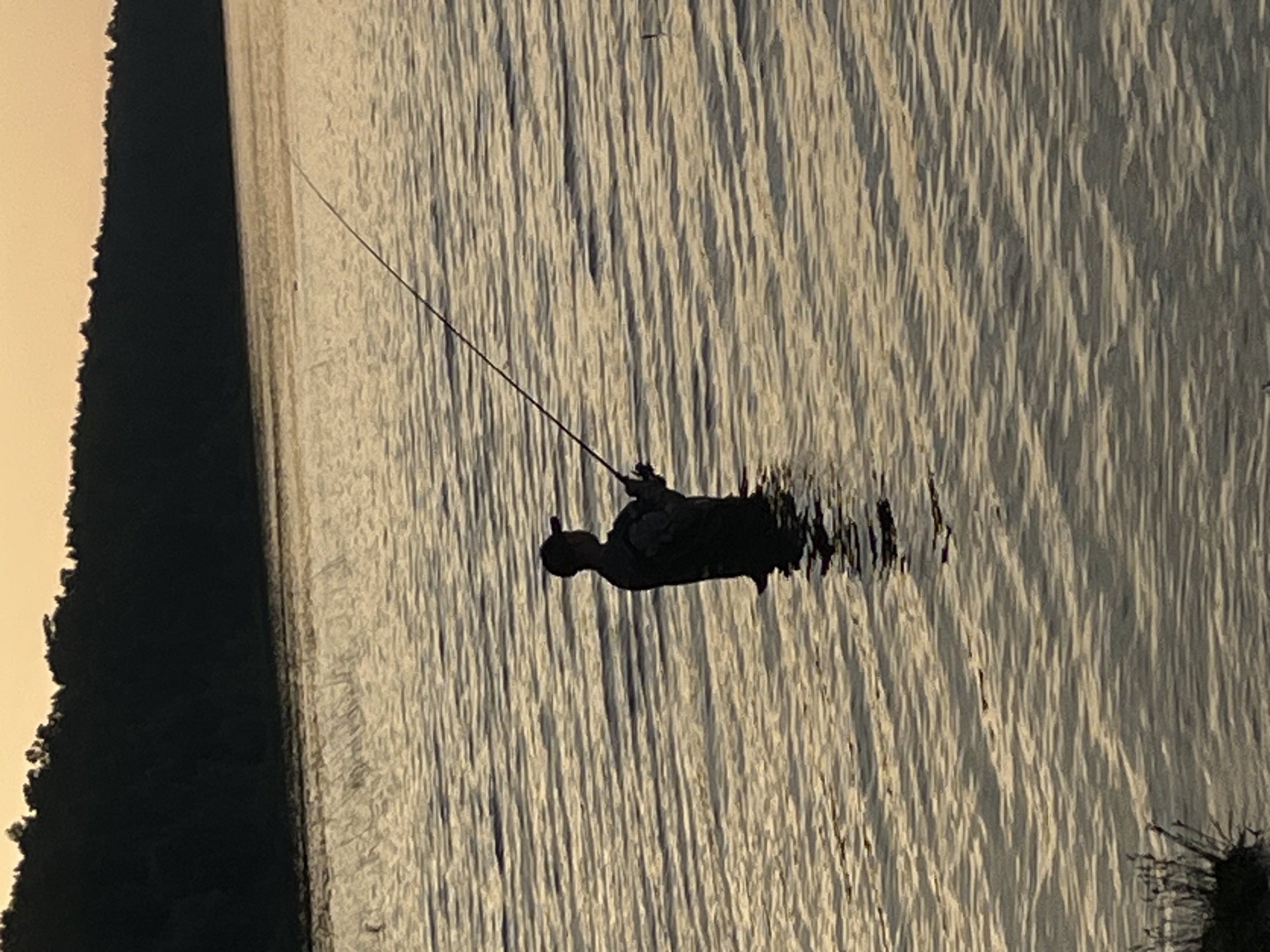 The image shows a person in silhouette, standing in shallow water and fishing with a rod. The person is wearing a cap and appears to be dressed in fishing gear. The water is calm, with ripples reflecting the light from the sky, which is a pale orange, suggesting either sunrise or sunset. The background features a dark, tree-covered shoreline. The scene is tranquil and appears to be set in a natural outdoor environment, possibly a lake or river. No specific location in the city of Chernushka, Russia, can be identified from the provided image.