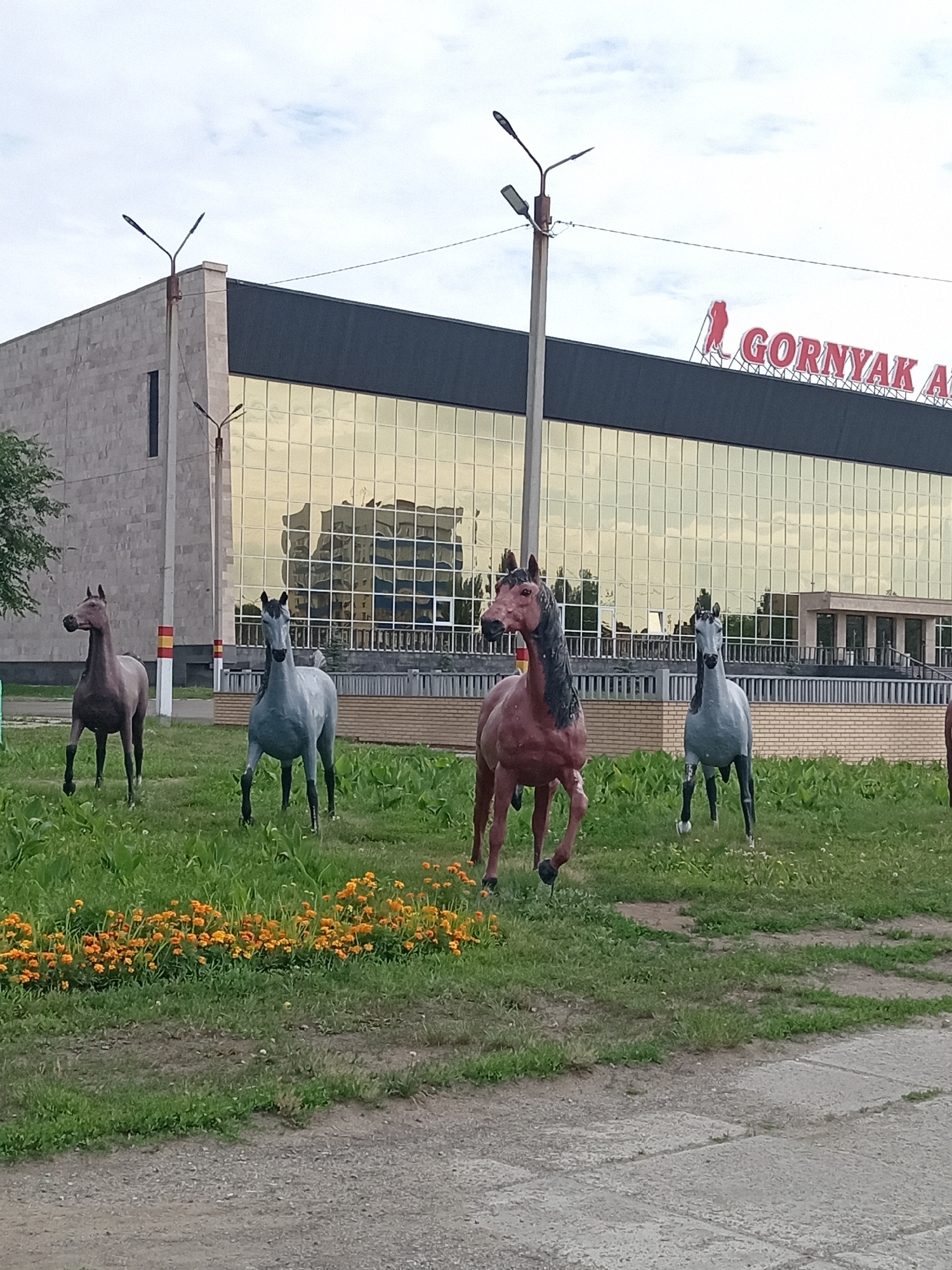 In Rudny, Kazakhstan, a public space features several life-sized horse sculptures arranged on a grassy area in front of a modern building. The building, with its large, golden-tinted glass facade, reflects the sky and surrounding trees. The building's upper section is dark, and red lettering on the facade spells out "GORNYAK A." In the foreground, the grass is interspersed with small orange flowers. Four horse sculptures are visible, each with a distinct color and pose: one is a dark brown or grey, another is light grey, a third is a reddish-brown, and a fourth, partially visible on the far right, appears to be a dark brown or black. Two lampposts are situated near the building. The ground in the immediate foreground is paved with concrete.