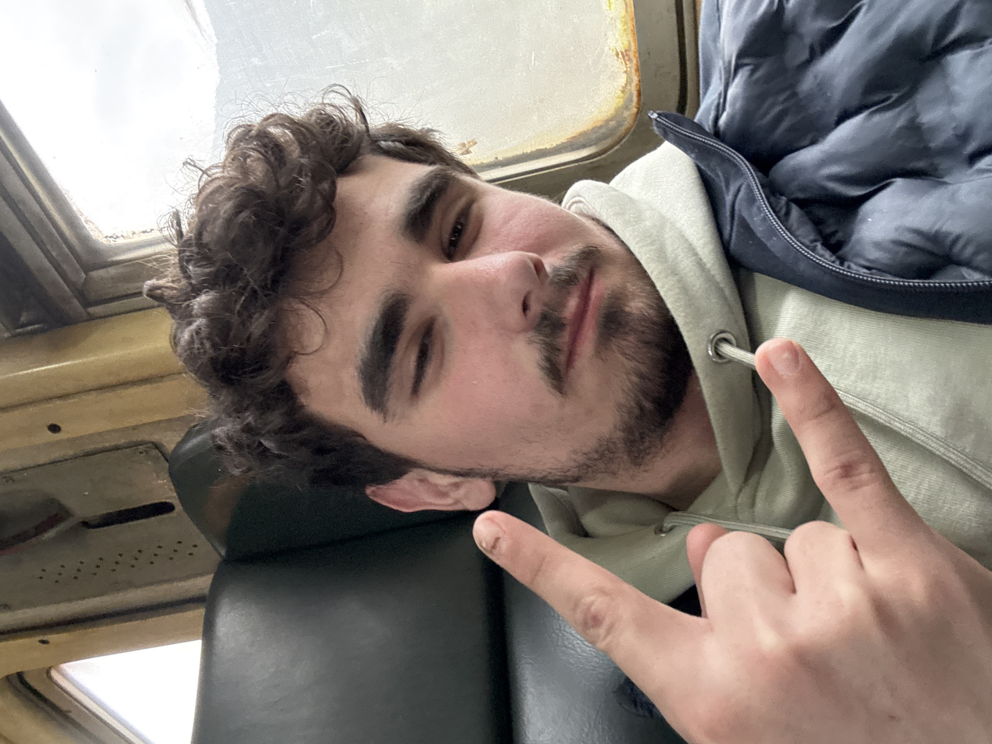 A young man with dark curly hair and a beard is in a vehicle, possibly a bus or train, indicated by the seat and overhead window. He is wearing a light green hoodie and a dark puffer jacket. He is giving a "rock on" hand gesture. The vehicle appears to be aged, with what looks like rust around the window frame. The environment is not clearly identifiable as Lyutibrod, Bulgaria, but it is an enclosed space with a window suggesting it's in transit.