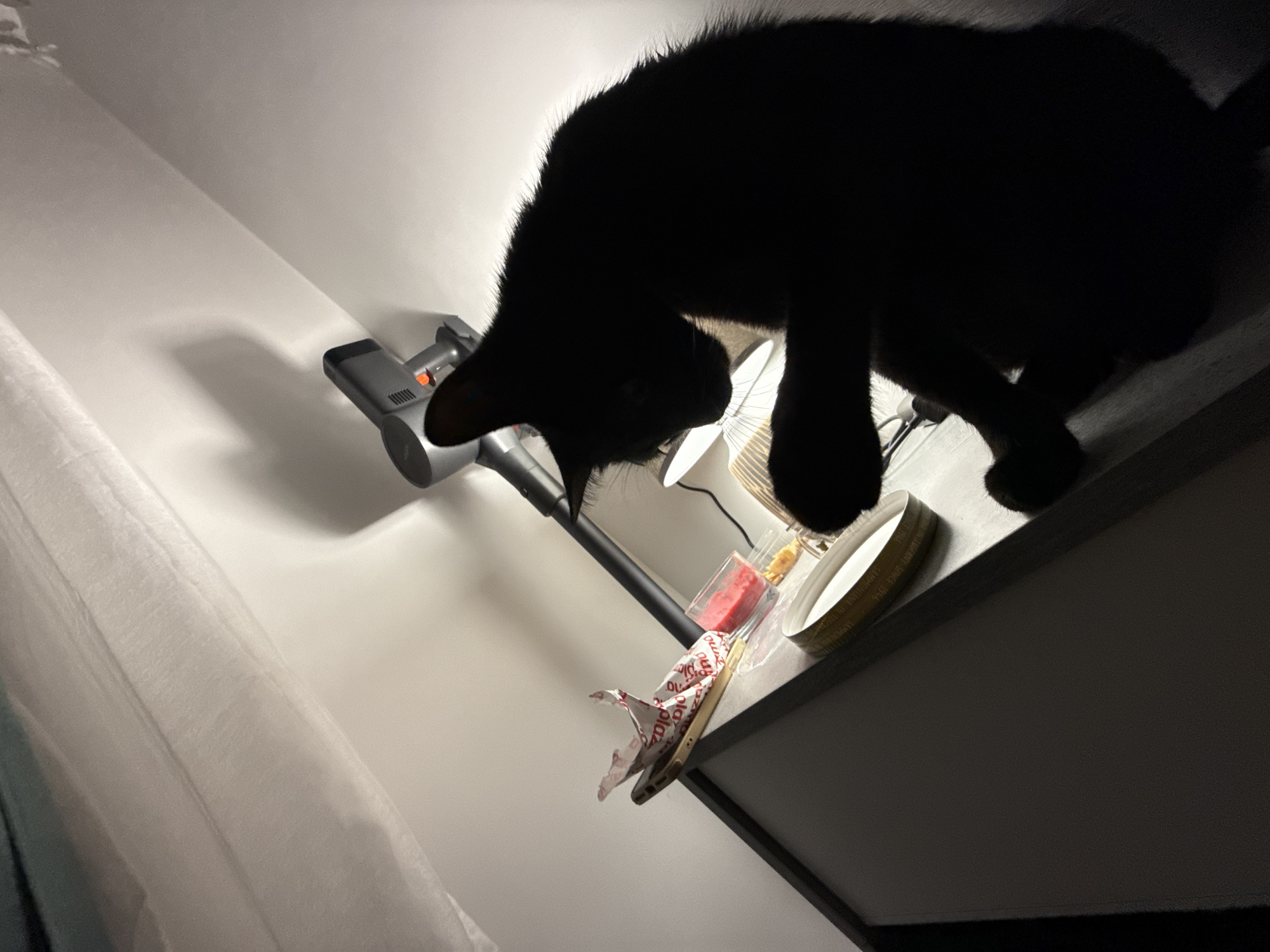 A black cat is silhouetted against a white wall. The cat is sitting on a shelf, with its body curved and its head bent down. In front of the cat, there are several objects on the shelf, including a red candle, a small box, and a gold-colored container. Behind the cat, a silver handheld vacuum cleaner is propped against the wall. A white curtain is visible in the upper left corner of the image, and a shadow of the vacuum cleaner is cast on the wall. The lighting suggests an indoor setting, possibly at night or in a dimly lit room.