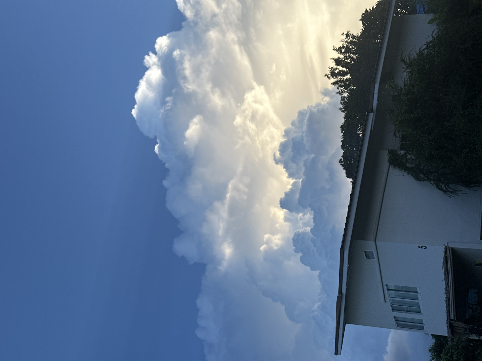 The media file depicts a vertical shot of a building against a dramatic sky filled with large, white, cumulus clouds. The building appears to be a modern structure with a white facade, a dark tiled roof, and multiple windows. The number "5" is visible on the side of the building. Lush green vegetation, possibly trees and vines, surrounds the building, partially obscuring its upper portions.
The sky is a vibrant blue, with the sun breaking through the clouds, creating a bright, almost golden hue in some areas. The clouds are massive and voluminous, with light and shadow playing across their surfaces, suggesting a dynamic weather system. The time of day appears to be late afternoon or early evening, given the warm, diffused sunlight.
The overall impression is one of natural beauty and a sense of peace, with the imposing clouds creating a striking contrast to the orderly structure of the building. The location context of Koh Phangan, Thailand, suggests a tropical setting, which is consistent with the lush vegetation and the type of clouds depicted. There are no people visible in the image.