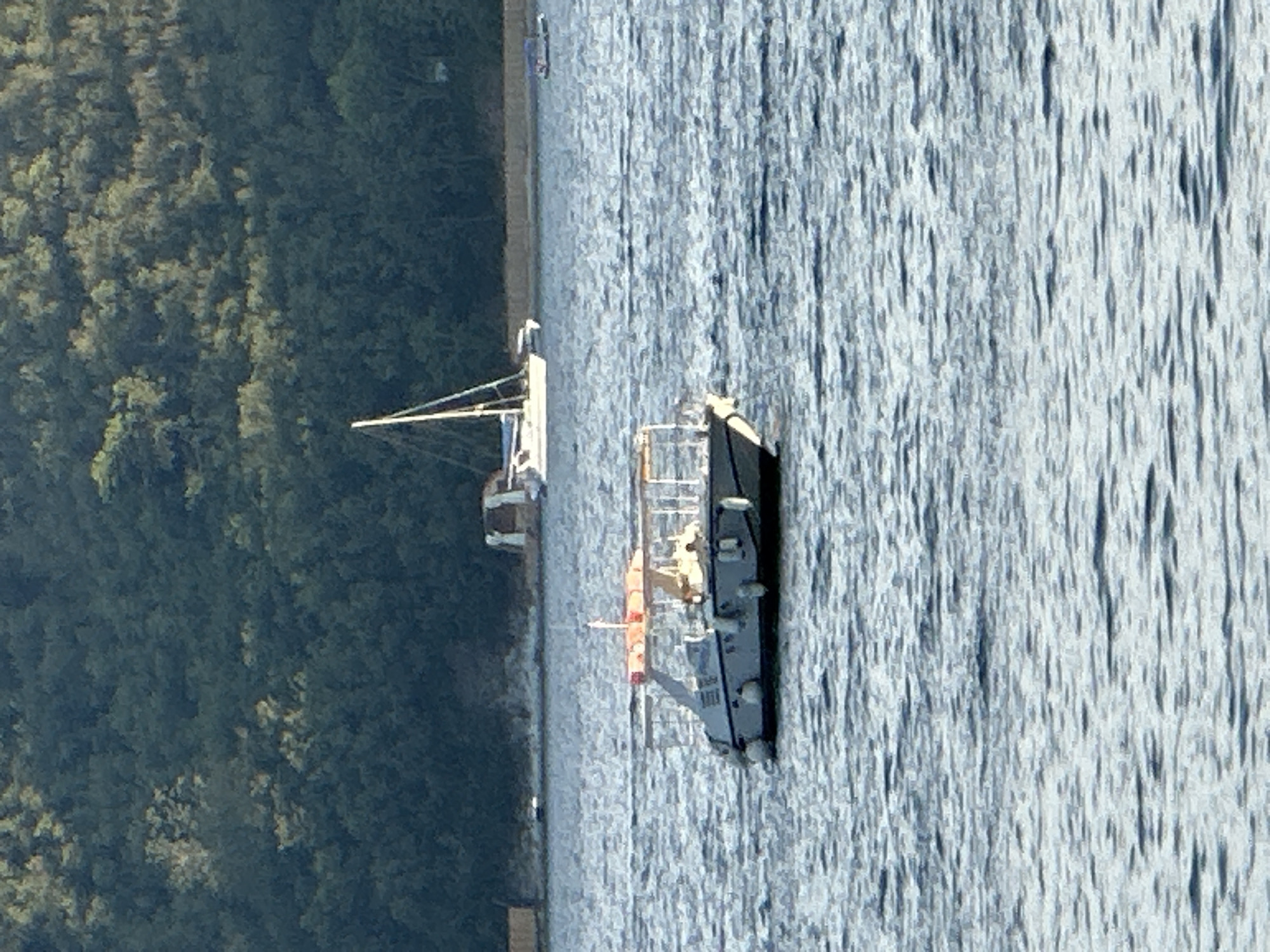 A close-up, slightly blurred, vertical, medium-shot photograph captures a sunny, daytime scene on the water, with a verdant, tree-covered hillside in the background. In the foreground, a white, motor-powered boat with a canvas canopy is a prominent subject. The boat, with orange accents and multiple windows, is equipped with what appear to be life preservers along its sides and a small flag at the stern. The water around the boat is choppy with ripples. Further in the distance, a white sailboat with a tall mast is visible near the shore. Behind the sailboat, the shoreline is lined with more trees and a few structures. The overall atmosphere is serene and suggests a recreational setting. Based on the characteristic vegetation and the presence of the sailboat and motorboat, this scene is likely situated along the coast of Budva, Montenegro, possibly in the vicinity of the Adriatic Sea.