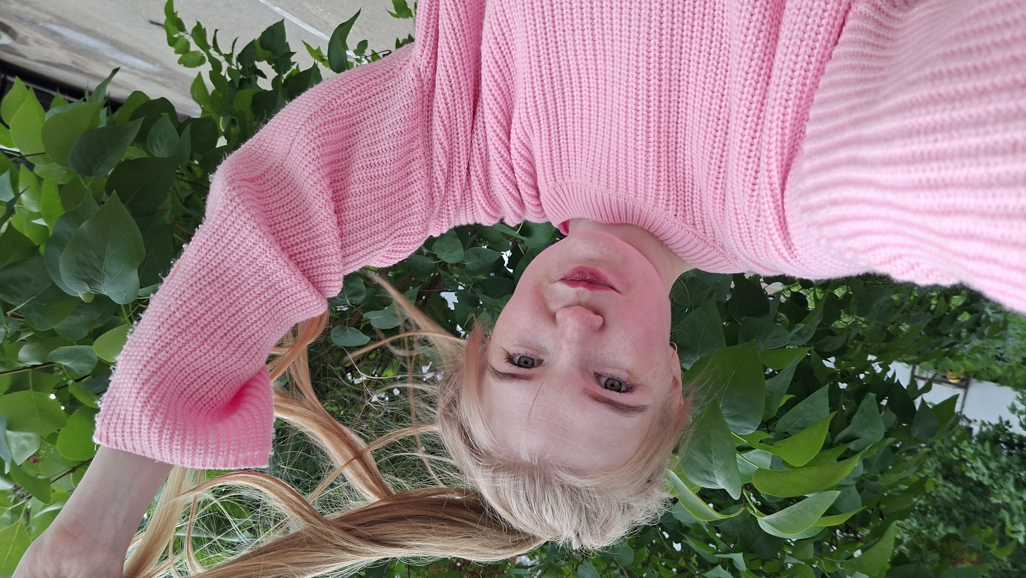 A blonde or light-haired young woman is the central subject of this close-up outdoor photograph, which is presented in an inverted orientation. She is looking directly into the camera with a neutral to slightly pleasant expression, her eyes open and her lips slightly parted. She has freckles across her nose and cheeks.
She is wearing a prominent, light pink knitted sweater with a ribbed texture, which covers her torso and arms. Her long, light-colored hair is visible trailing downwards from her head, appearing on the lower part of the frame.
The setting is outdoors, characterized by a lush background of vibrant green foliage, primarily leaves from bushes or trees. The natural light indicates it is daytime, and the weather appears pleasant. A faint light-colored structure, possibly a building or fence, is minimally visible in the distant background, peeking through the greenery in some areas. The unique upside-down perspective suggests the photo was taken from an unusual angle, perhaps with the subject looking up or leaning back. There is no visible text in the image. The location context is Chaikovsky, Russia.