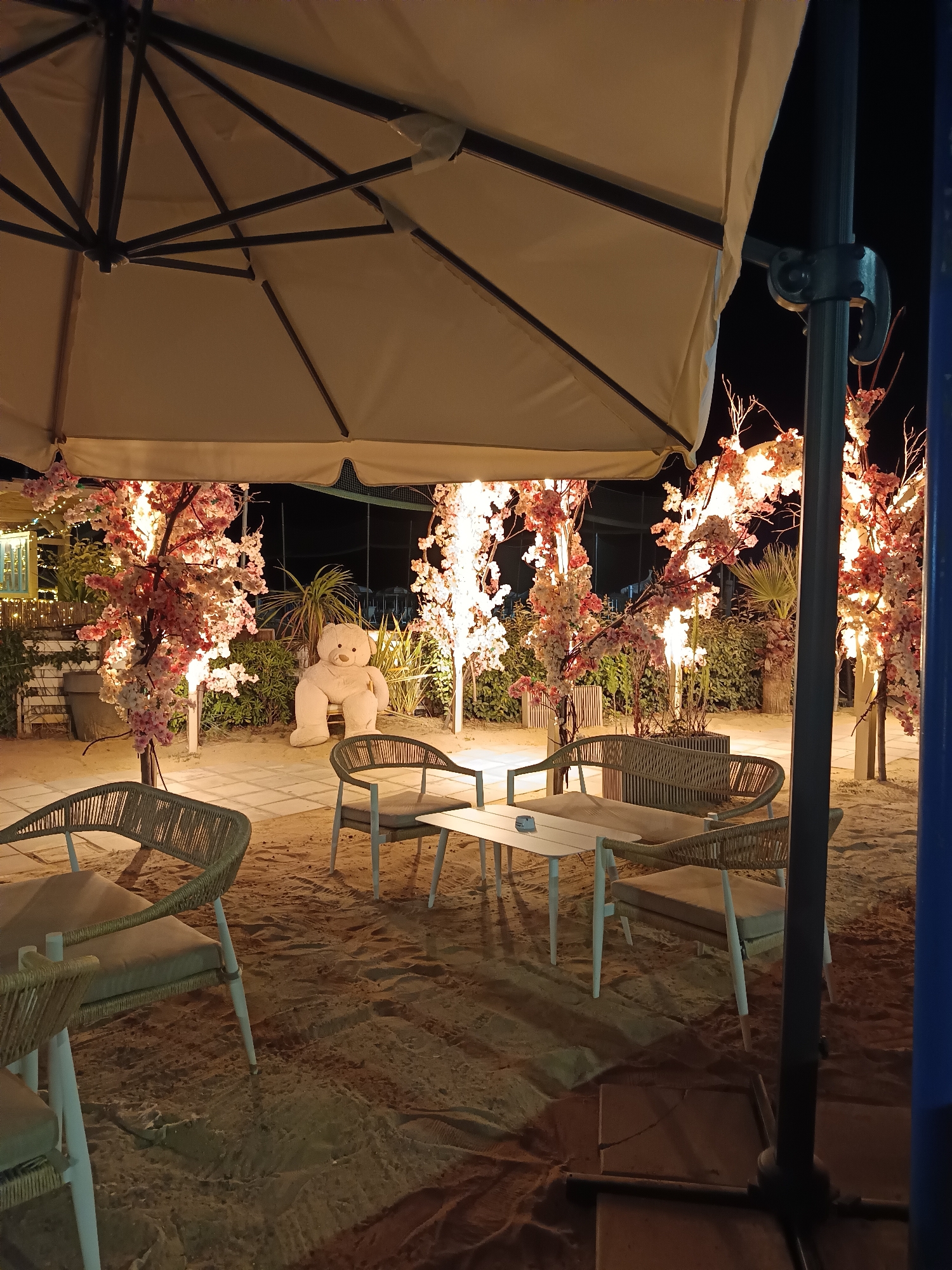 The image depicts an outdoor seating area at night, likely a cafe or restaurant, situated on a sandy surface. The area is illuminated by artificial lighting, creating a warm and inviting ambiance. Several tables and chairs are arranged on the sand, some made of woven material and others with white legs and light-colored cushions. In the background, decorative trees with pink and white floral accents, possibly artificial cherry blossoms, are illuminated, adding a touch of whimsical charm to the scene. A large, light-colored teddy bear sits on a chair in the middle ground, serving as a decorative element. The overall setting suggests a relaxed and possibly romantic atmosphere. The location is identified as Roseto degli Abruzzi, Italy.