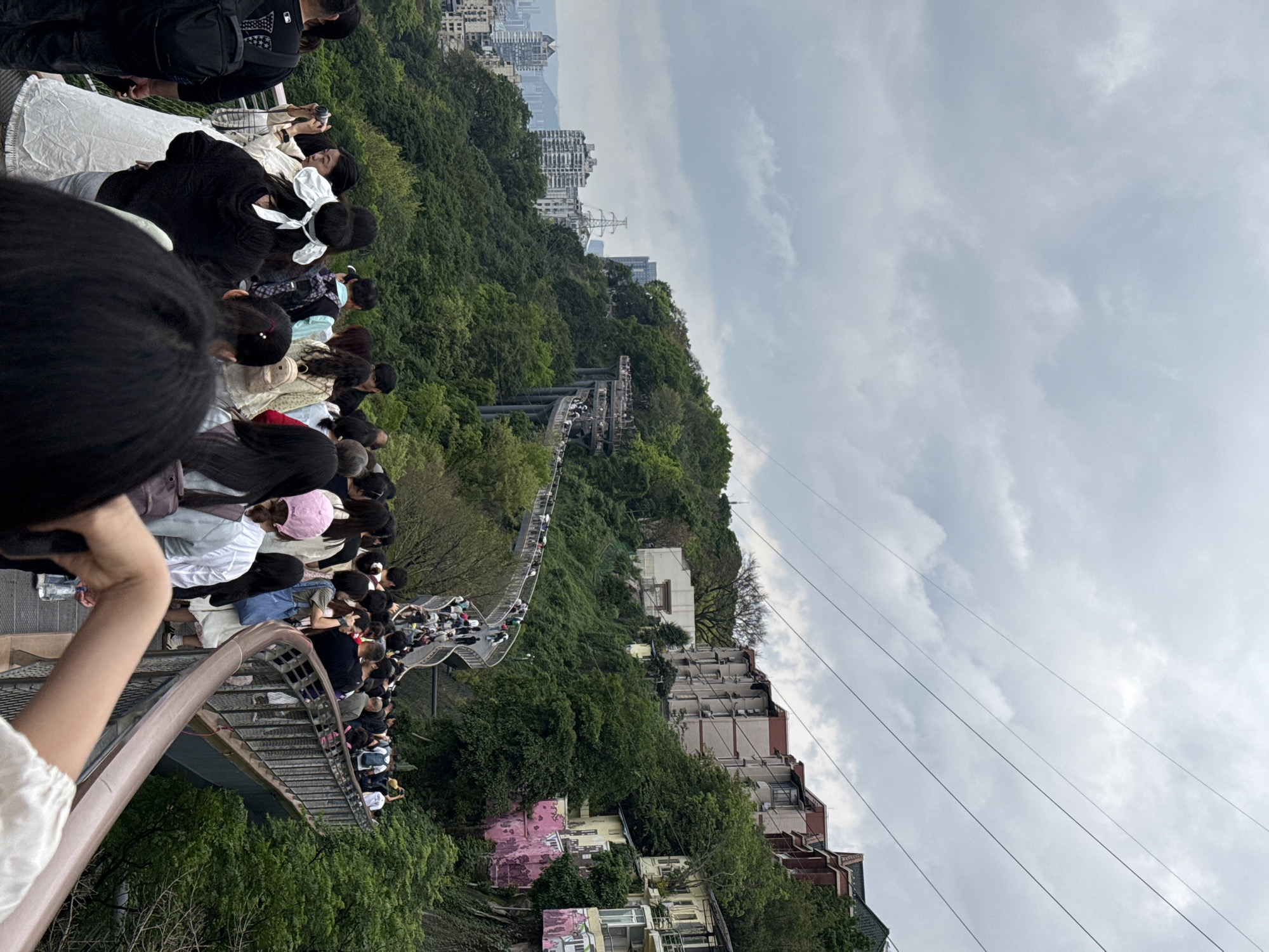 A vertical shot shows a dense crowd of people on a long, elevated pedestrian bridge in the Yuzhong District of Chongqing, China. The bridge winds along a steep, green hillside, with tall buildings visible in the distance. People are closely packed together, moving slowly along the bridge. Some are wearing backpacks, light-colored clothing, and hats. The bridge itself is constructed of metal and has a walkway with railings. The area is densely vegetated, with trees and shrubs covering the hillside. Buildings of various heights and architectural styles are clustered on the hillside beneath the bridge. Power lines cut across the sky. The sky is overcast with heavy, grey clouds.