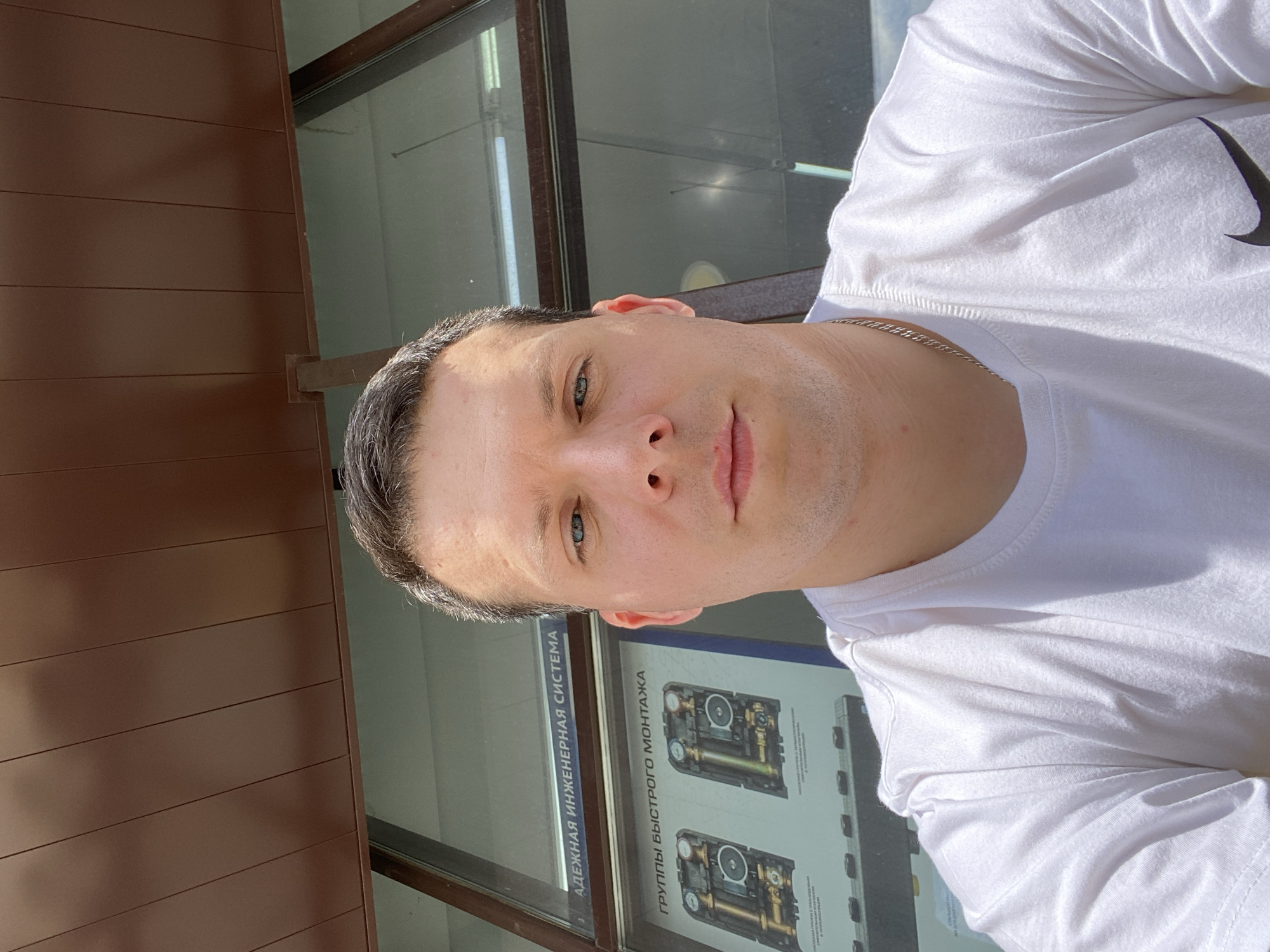 A man with fair skin, short dark hair, and blue eyes is positioned in front of a glass window with framed edges. He's wearing a white t-shirt with a Nike swoosh logo visible on the right side of the frame. A thin silver chain is around his neck. The man's expression is neutral.
Behind the glass window is a poster or informational display featuring what appears to be technical diagrams or equipment schematics. Cyrillic text is visible on the poster.
To the left of the window and extending toward the top of the frame is a brown, horizontal-slatted wall. The image is taken at an angle, suggesting the camera is being held by the subject himself in a selfie-style shot.
Based on the text on the poster visible through the glass, specifically the words "АДЕЖНАЯ ИНЖЕНЕРНАЯ СИСТЕМА" and "ГРУППЫ БЫСТРОГО МОНТАЖА", the location is Chaikovsky, Russia.