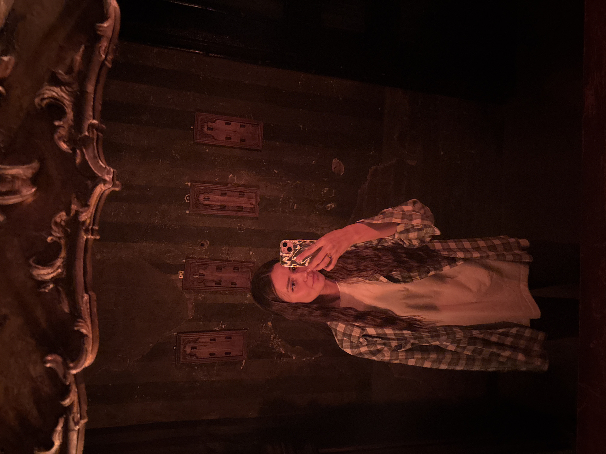 A young woman is taking a selfie in a dimly lit room. The room has four small, framed, rectangular objects mounted on the wall behind her. The frames appear to be made of wood and are evenly spaced. The wall appears to be an old, possibly ornate, surface with signs of wear and damage. To the left of the image, there is a portion of an elaborately carved wooden structure, possibly a part of furniture or architectural detail. The woman is holding a smartphone, with a patterned case, up to her face to take the photo. She is wearing a white t-shirt and a plaid shirt. The location is potentially in Moscow, Russia.
