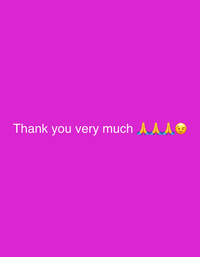 A pink image contains the text "Thank you very much" in white, positioned towards the bottom center. To the right of the text are emojis: three hands in a prayer position and a winking face. The background is a solid, vibrant pink color, dominating the overall composition.