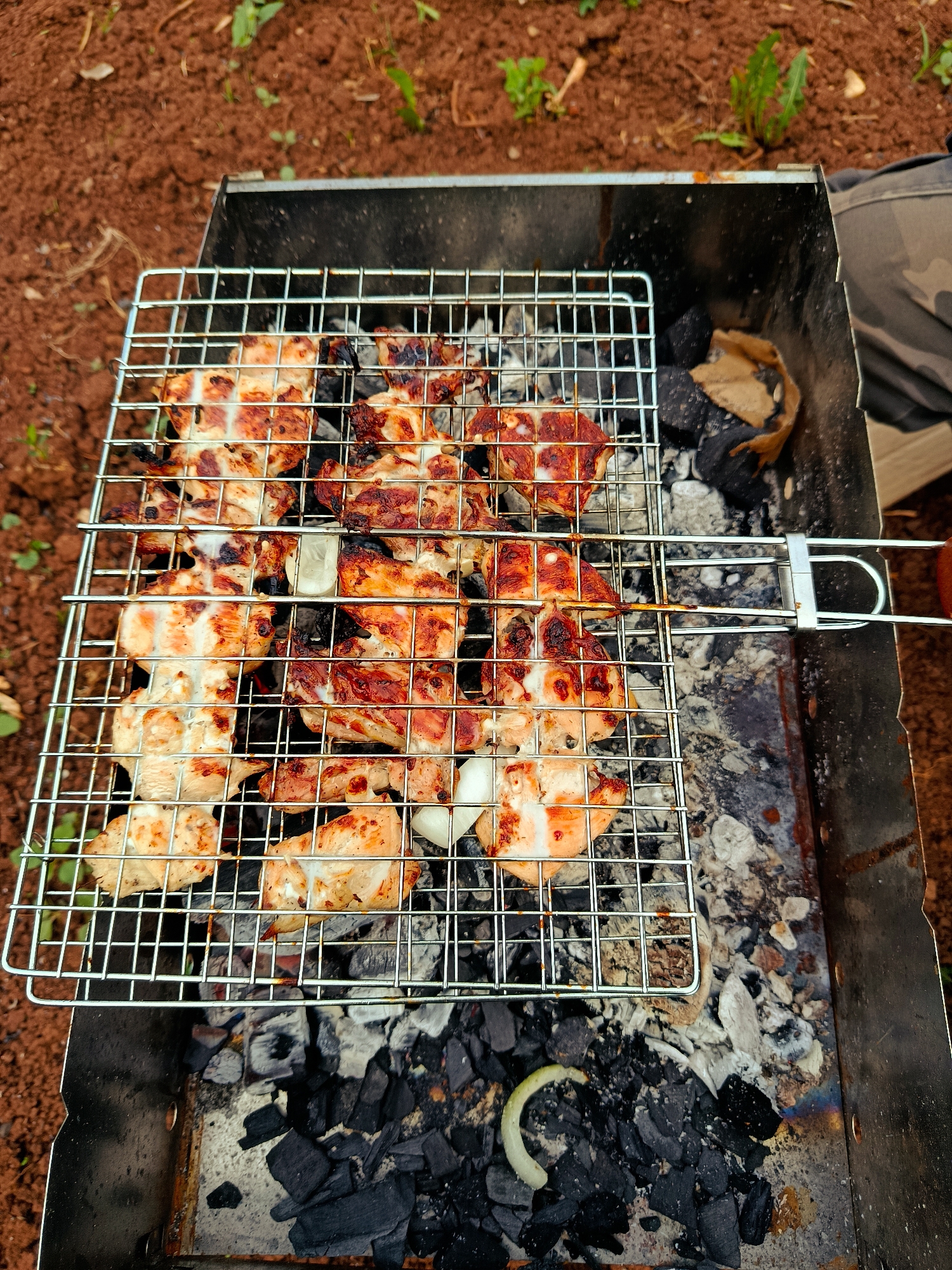 In Фоки, Russia, an overhead shot captures a rectangular metal brazier containing actively burning and cooling charcoal briquettes mixed with white and grey ash. Resting atop the brazier is a metal grill basket filled with numerous pieces of poultry, primarily chicken, exhibiting varying degrees of doneness from light browning to distinct charring. Several white onion slices are interspersed with the poultry in the basket, with one visible among the coals. The grill basket features a metal handle extending to the right, secured by a locking mechanism. To the immediate right of the brazier, the lower portion of a human leg, dressed in camouflage-patterned trousers, is partially visible. The surrounding ground is reddish-brown soil with sparse green vegetation.