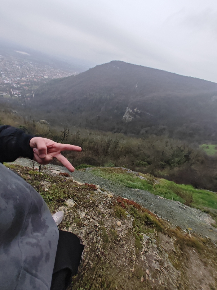 This image captures an elevated panoramic view from a rocky outcrop on the Shumen Plateau, overlooking the city of Shumen, Bulgaria, and its surrounding forested landscape. The scene is under a uniformly overcast, grey sky, suggesting a muted light and hazy atmospheric conditions.
In the foreground, the lower left quadrant shows the partial figure of an individual. A left arm, clad in a dark long-sleeved garment, is extended with the hand forming a "V" shape using the extended index and middle fingers, commonly recognized as a peace sign. The person's lower torso, covered in grey trousers, is also visible, along with a portion of a light-colored shoe on their left foot. The immediate ground is rugged, composed of exposed rock, interspersed with patches of green and reddish-brown moss and scattered small stones, indicating the edge of a high vantage point.
The midground features a steep, heavily forested hillside descending into a valley. The trees are predominantly deciduous and appear bare, characteristic of a late autumn or winter season. Several lighter-colored rock formations are visible within the darker expanse of the tree line.
In the background, the urban sprawl of Shumen city extends across the terrain, partially obscured by distance and atmospheric haze. Beyond the city, another large, forested hill or mountain rises into the hazy distance under the same overcast sky.