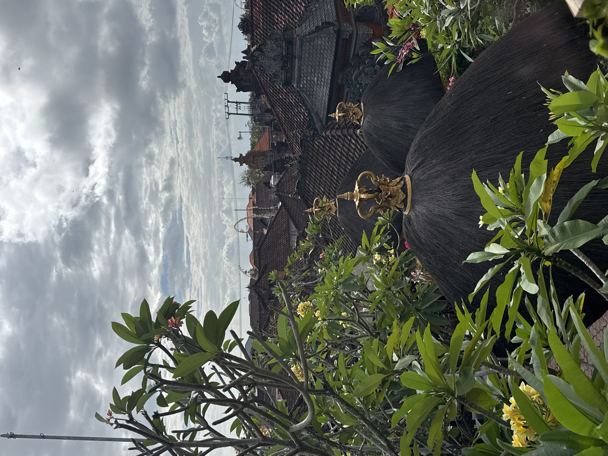 The image depicts a traditional Balinese temple complex under a cloudy sky. The foreground is dominated by lush green foliage, likely frangipani trees, with some small yellow and pink flowers visible. Behind the foliage, several dark, thatched structures with ornate golden finials are prominent. These are likely parts of the temple's multi-tiered roofs, known as meru.
Beyond these structures, the rooftops of other temple buildings are visible, characterized by dark, tiled roofs and intricate stone carvings. In the distance, more of the temple's architecture can be seen, along with hints of vegetation and possibly utility poles, suggesting it is situated within a settled area. The sky is overcast with dramatic, textured clouds, indicating a potentially humid or stormy day.
The scene appears tranquil and evocative of a spiritual or cultural site. The focus is on the architecture and natural elements, with no people visible. The golden decorative elements on the roofs suggest a place of importance and artistry. The overall impression is one of serene beauty and architectural grandeur within a tropical setting. The location is identified as North Kuta, Indonesia, which aligns with the architectural style and tropical flora. The time of day is difficult to ascertain precisely due to the cloud cover, but the lighting suggests it could be morning or late afternoon. There is no visible text in the image.