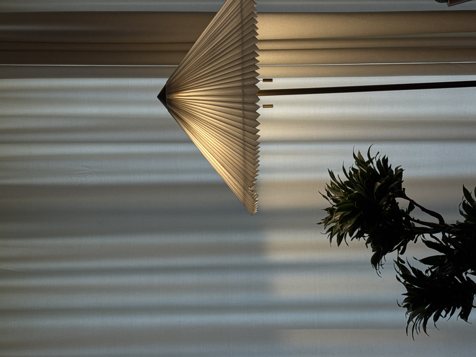 A medium shot taken from below features a geometric pendant lamp emitting light, positioned against a backdrop of horizontally oriented blinds. To the right, a dark-green plant with elongated leaves partially obscures the background. The location is Yerevan, Armenia. No people are visible.