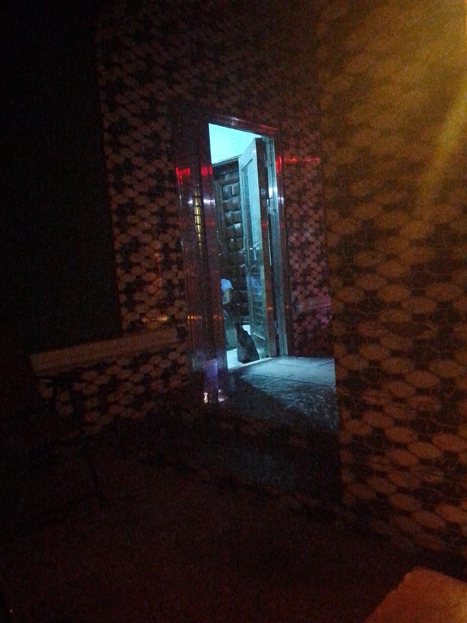 The image shows an open doorway in a building in an unknown city. The walls around the doorway are covered in a patterned material. Inside the doorway, there appears to be another person and a dark object on the floor. The lighting is dim, with brighter light coming from inside the doorway. A bench or ledge is visible to the left of the doorway.