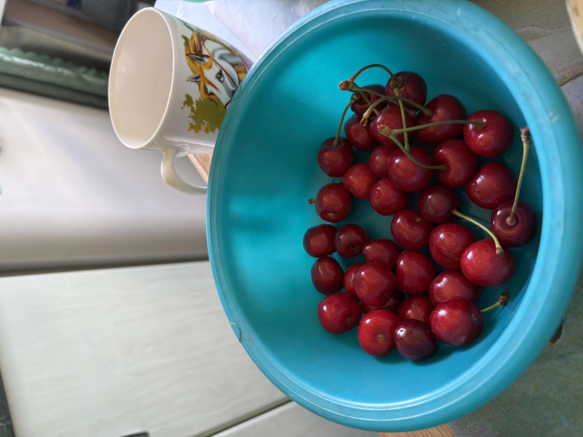 A bright teal bowl is filled with ripe red cherries. Some of the cherries have stems attached. In the background, a white mug with a depiction of a horse is visible. The scene appears to be indoors, possibly in a kitchen, given the presence of a refrigerator in the background. The overall impression is one of fresh fruit, likely prepared for consumption.