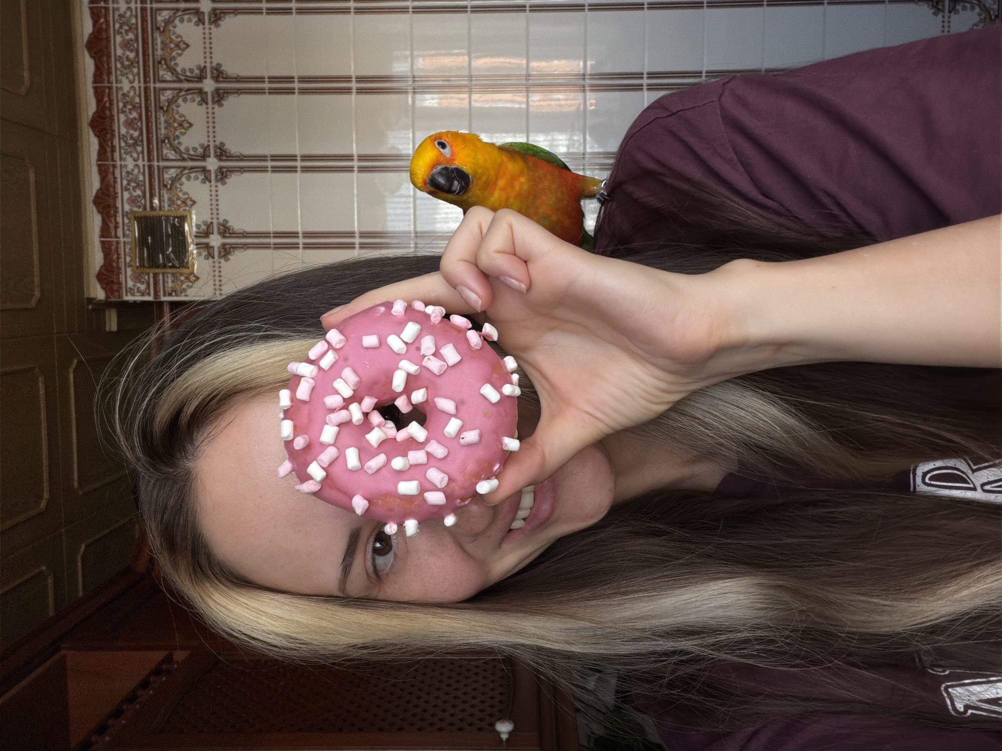 A photograph shows a woman holding a pink, marshmallow-covered donut up to her eye. She has long hair that is dark brown with blonde streaks, and she is smiling. A small orange and green parrot is perched on her shoulder. The background is tiled with a decorative pattern. The location is Khimki, Russia.