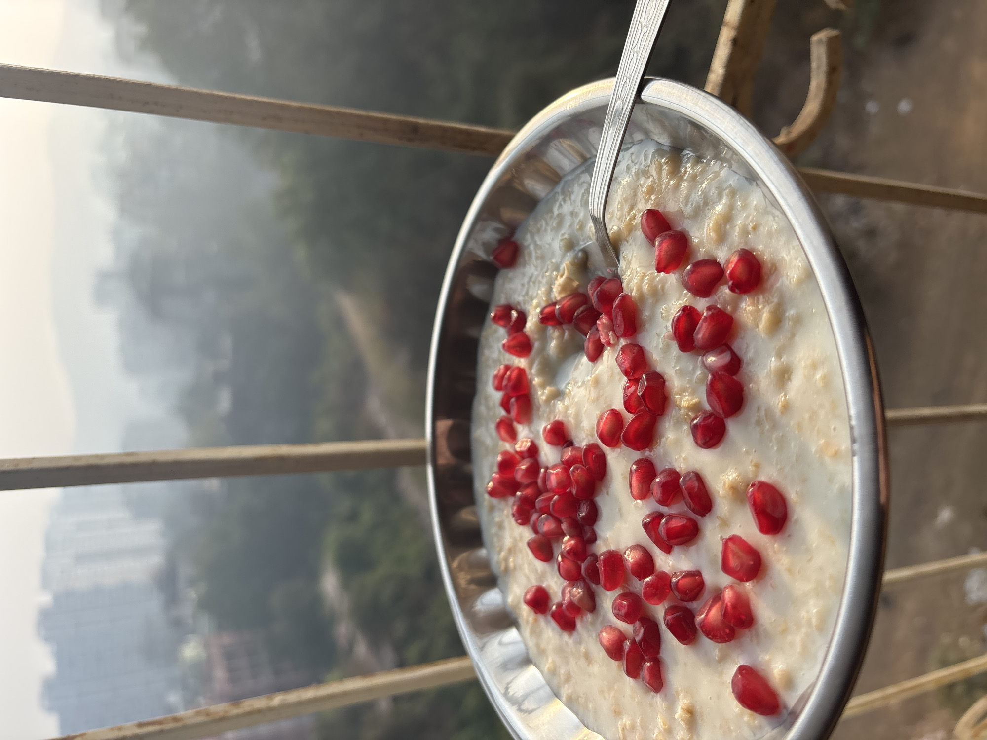 A close-up shot displays a metal plate containing a creamy-colored food with red pomegranate seeds scattered on top, along with a metal spoon partially submerged in the dish. The plate rests on a metal railing. The background reveals a cityscape obscured by a hazy atmosphere, with buildings and greenery partially visible. Based on the context, the location is likely in Ambernath, India.