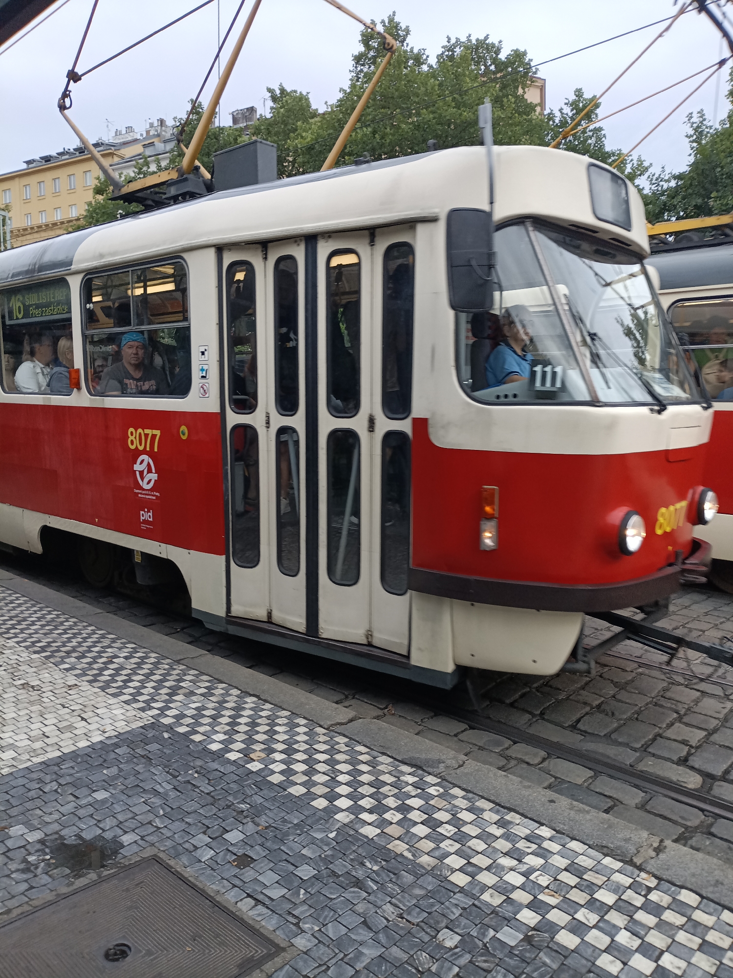 A tram with the number 8077 is parked on cobblestone tracks in Prague, Czechia. The tram is red and white, with a destination sign that reads "16 SIDLISTEF REP" and "Přestávka". Inside the tram, several passengers are visible, including a man wearing a blue bandana and a man in a blue shirt. The tram's front features two headlights and a small orange turn signal. The street is paved with a checkered pattern of black and white cobblestones. In the background, buildings and trees are visible under an overcast sky. The scene appears to be a public transportation stop or a tram depot.