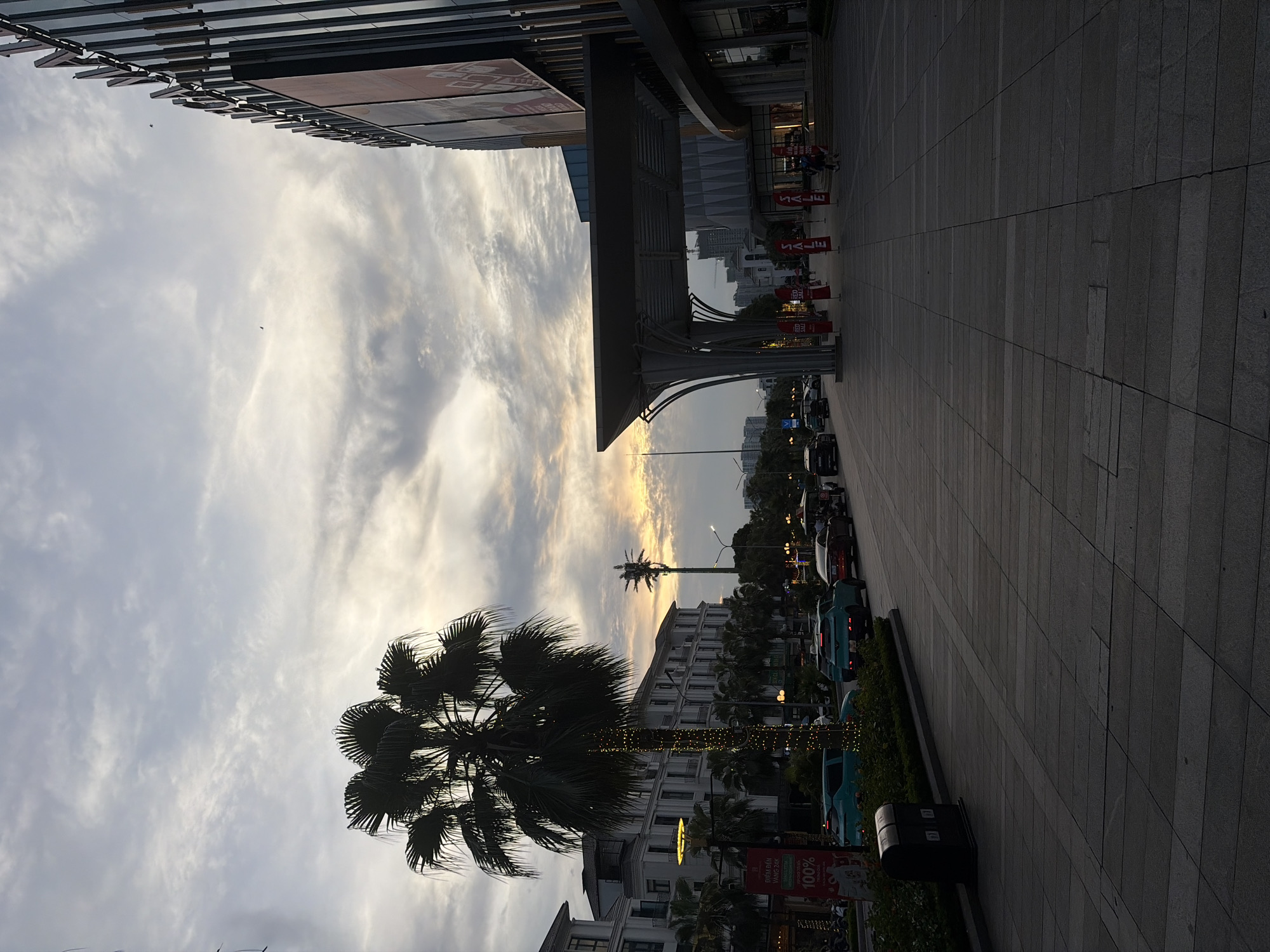 The image depicts a street scene in Hanoi, Vietnam, during what appears to be late afternoon or early evening, given the soft, diffused light filtering through the clouds. The sky is partly cloudy, with streaks of light suggesting the sun is low on the horizon.
The foreground is dominated by a wide, paved walkway or plaza, made of large, grey, rectangular tiles. To the left of the walkway, a modern building with a dark, ribbed facade rises, its upper floors obscured by the angle of the shot. Some signage is visible on this building, but the text is not clearly legible.
Further down the walkway, several red "SALE" banners are displayed, indicating commercial activity. A palm tree, silhouetted against the sky, stands prominently in the mid-ground, its fronds spread wide. The tree is adorned with small, yellow lights, suggesting it might be decorated for an upcoming event or holiday. Beyond the palm tree, more buildings are visible, some appearing to be residential or commercial complexes, with multiple stories and balconies.
A street runs alongside the walkway, lined with parked cars, including several light blue vehicles. The presence of trees and greenery along the street and around the buildings adds to the urban landscape. In the background, more city buildings can be seen, some taller than others, reaching towards the sky.
The overall atmosphere is that of a busy urban environment, possibly a commercial district, transitioning into the evening. The lighting and the presence of decorative lights on the palm tree suggest a pleasant, possibly festive, ambiance. No specific people are clearly discernible in the image, but their presence is implied by the sale banners and the parked vehicles.