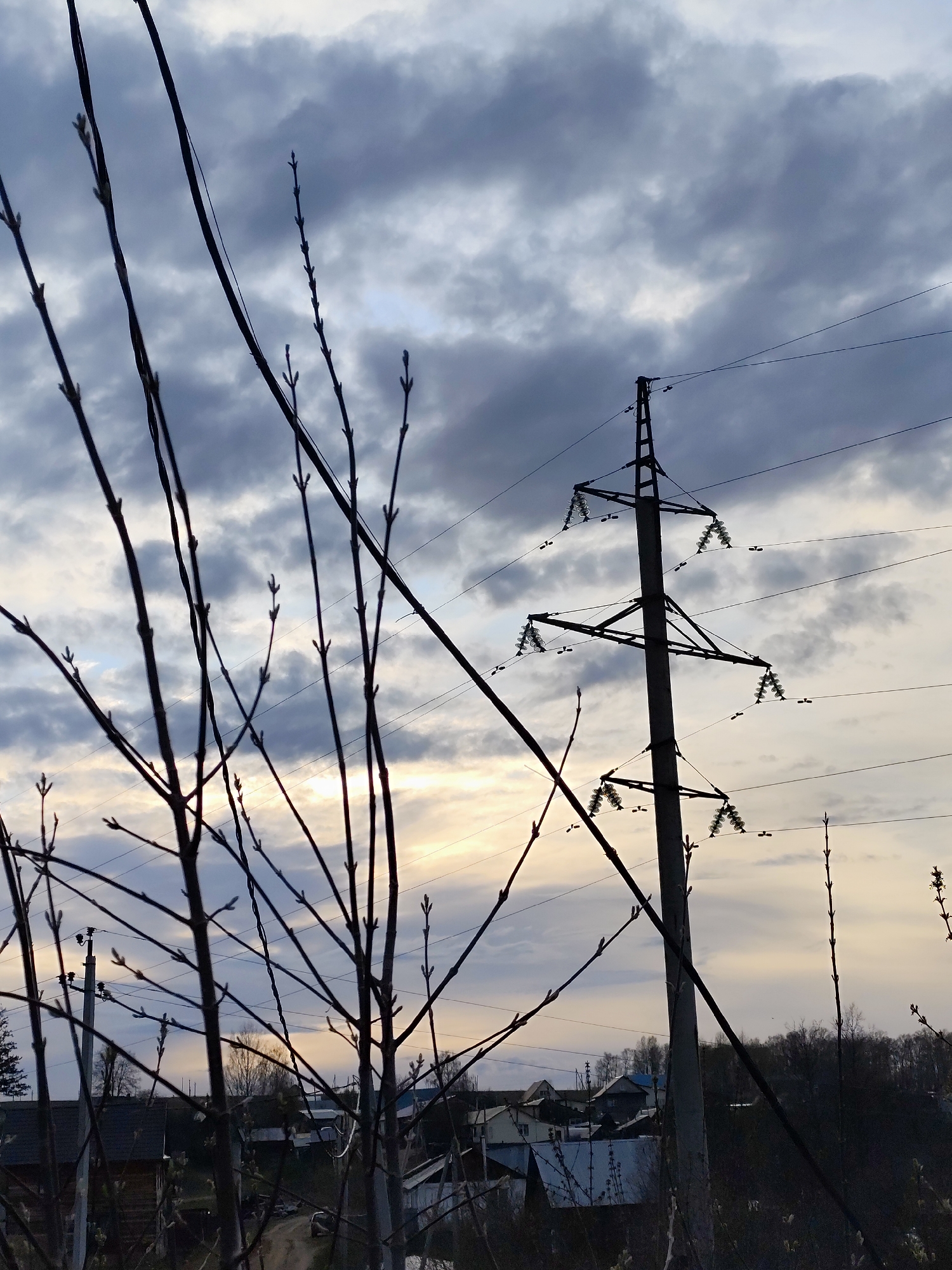 The image presents a rural landscape scene under a cloudy, twilight sky, likely during early spring. In the immediate foreground, numerous bare tree branches adorned with small, emerging buds are silhouetted, creating a complex, dark pattern across the frame.
A large electrical power line pylon stands prominently on the right, also in silhouette, supporting multiple power lines with visible disc-shaped insulators. These wires stretch across the cloudy sky.
Below the horizon, nestled amidst the landscape, a cluster of houses and other structures indicates a village or small settlement. A dirt road is visible winding between some of these buildings. Beyond the settlement, a line of dark, bare trees suggests the edge of a forest.
The sky is heavily covered with grey clouds, but a lighter, diffused glow near the horizon suggests either sunrise or sunset. The overall lighting casts the foreground elements and the pylon into deep shadow, highlighting their forms against the brighter sky. The scene is still and devoid of human activity. No visible text is present.