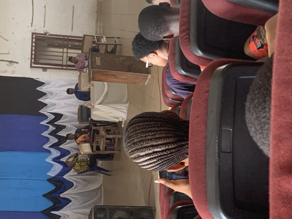 An indoor event is underway in Ihiagwa, Nigeria, within a hall configured with a panel and audience seating. In the foreground, the back of an individual's head, featuring dark braided hair, is visible. This person occupies a red upholstered seat and holds a white smartphone in their right hand. Additional audience members are seated in similar red chairs in rows stretching forward, with the backs of their heads visible, some with dark curly or wavy hair.
In the middle ground, a stage area is visible with four adult males. Two are seated behind a white-draped table holding drinks and cups. The male on the right behind the table, dressed in a blue collared shirt, leans forward towards a microphone. To his right, another male in a light pink shirt is seated behind a wooden podium labeled "SOSC" in black text, reading from papers. To the left of the white-draped table, another male in a multi-colored patterned shirt sits on a wooden chair. Further left, an additional male in a yellow patterned shirt sits on a blue plastic chair, resting his right hand on his head. A large black speaker is positioned on the far left of the stage area.
The background features a wall decorated with blue, black, and white fabric draped in a wavy pattern, creating a backdrop behind the panel. To the right of the stage area, a rectangular doorway with a metal security gate is visible. The light-colored walls of the hall show some signs of wear and texture.
