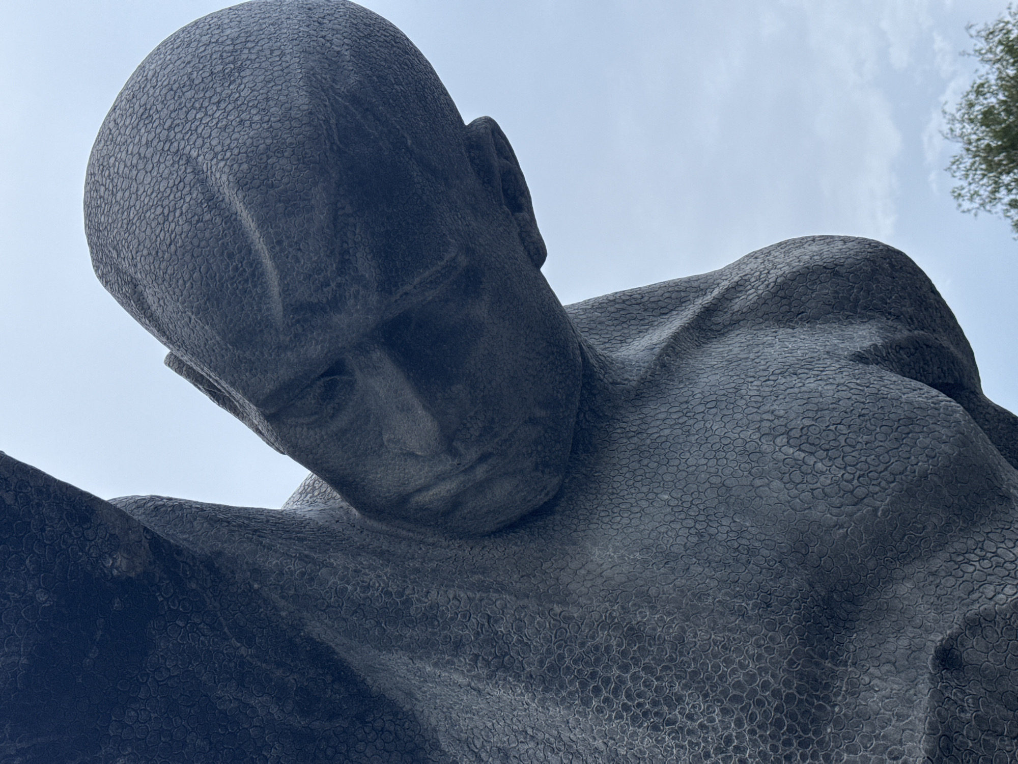The image shows a close-up, low-angle view of a dark, textured sculpture of a male figure. The figure is bald with a defined musculature, and its head is tilted downwards. The texture of the sculpture appears to be composed of small, rounded elements. The background consists of a pale sky with some clouds and a hint of greenery from a tree in the upper right corner. This is likely a photograph of a sculpture in Kazan, Russia.