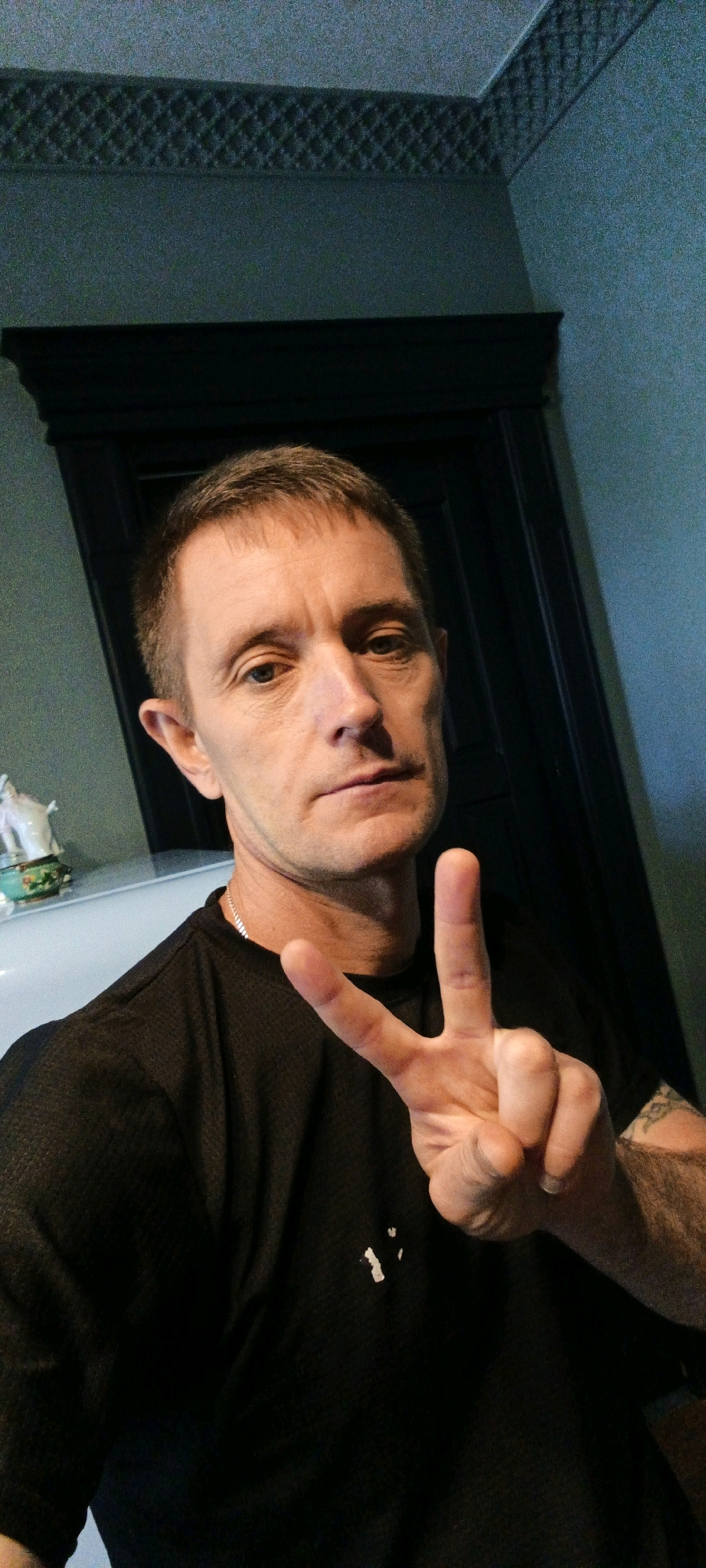 A man with short brown hair and blue eyes is looking at the camera and holding up two fingers in a peace sign. He is wearing a black t-shirt and a silver chain. He has a tattoo on his right arm. The background is a wall with a dark wooden trim at the top, and a dark wooden door behind him. To the left, there is a shelf with a white figurine on it. The lighting is dim, and the image has a grainy texture. The image was not taken in Tashkent, Uzbekistan.
