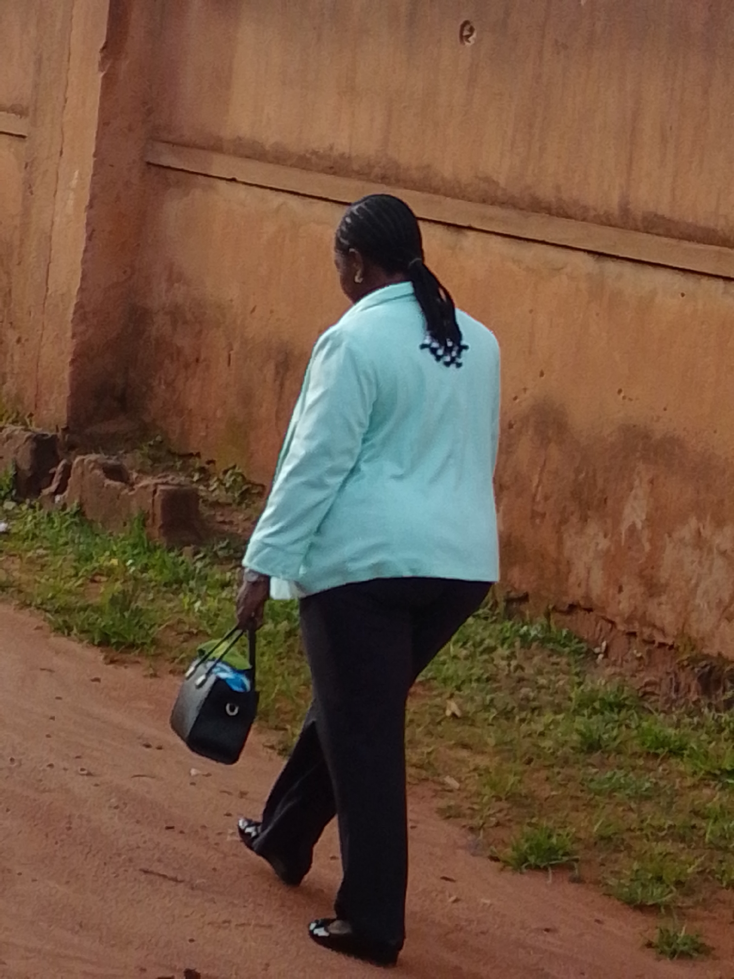 A full shot shows a person from behind walking away from the camera on a dirt path. The person is wearing a light blue collared shirt, black pants, and black shoes. They are carrying a black purse in their left hand. The person has dark hair braided into a ponytail with a distinctive decorative band at the end. The background consists of a textured, reddish-brown wall on the left and a grassy area with some scattered rocks and debris. The lighting suggests it is daytime. The specific location is Unknown, Unknown.