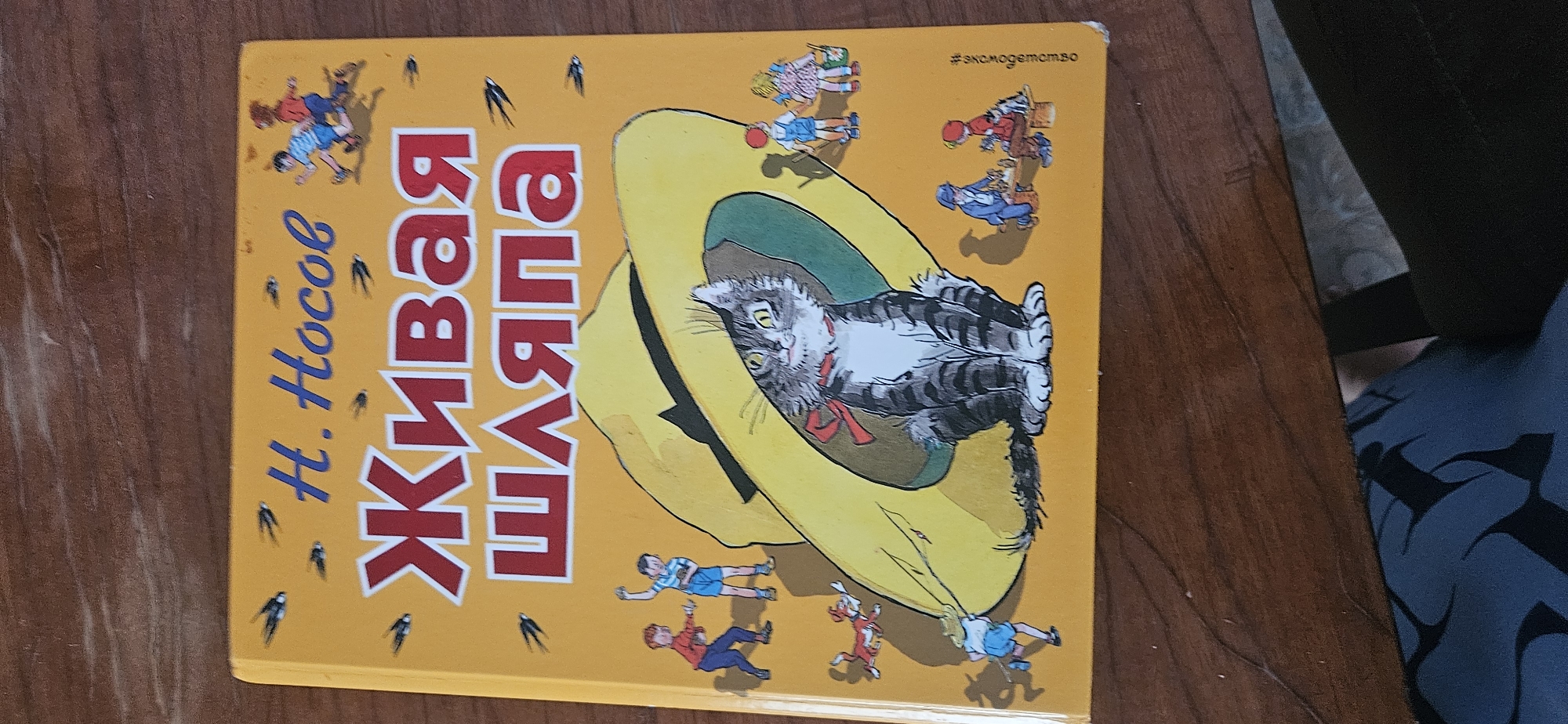 The image is a close-up, eye-level photograph of the cover of a children's book, likely displayed or stored on a wooden surface, possibly a table or shelf. The book has a bright yellow cover with illustrations. Prominently featured is the title in large red Cyrillic letters: "Живая шляпа" (Zhivaya shlyapa), which translates to "Living Hat." Above the title, in blue Cyrillic letters, is the author's name: "Н. Носов" (N. Nosov). The illustrations depict a scene with a gray tabby cat wearing a red bow, peeking out from under a large yellow hat. Several small cartoon figures of children are scattered around the cover, engaged in various activities. On the far right edge of the book cover, there is a vertical inscription in what appears to be a watermark or stylized text, reading "sncwmogemsmso". The background of the book cover is a solid yellow. The wooden surface beneath the book exhibits a rich, dark brown grain pattern. The lighting appears to be ambient, creating soft shadows. There is no visible connection to the city of Aktobe, Kazakhstan, in the image itself.