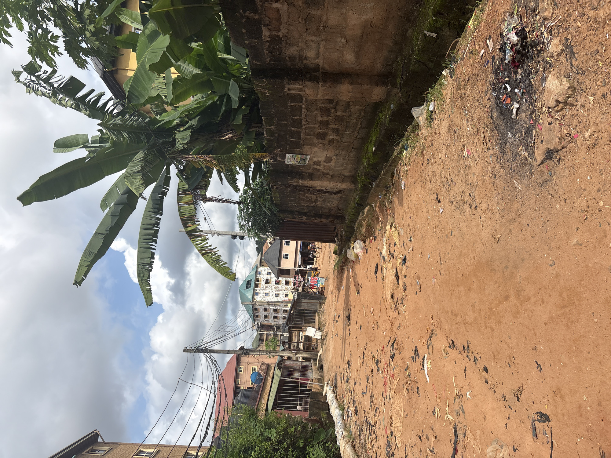 This image depicts a dusty, dirt road in Nkpor, Nigeria, cluttered with debris and trash. Buildings line both sides of the road, ranging from multi-story structures to smaller shops and residences. Banana trees with large leaves are prominent, particularly on the right side of the frame, towering over a low, brick wall. The sky is cloudy with patches of blue. The road surface is a reddish-brown earth, scattered with various types of litter, including plastic bags, paper, and what appears to be burnt refuse. A few people are visible in the distance, engaged in what seems to be daily activities. Utility poles with a complex network of electrical wires are also a noticeable feature. The overall scene suggests a bustling urban environment that is also dealing with significant waste management challenges.