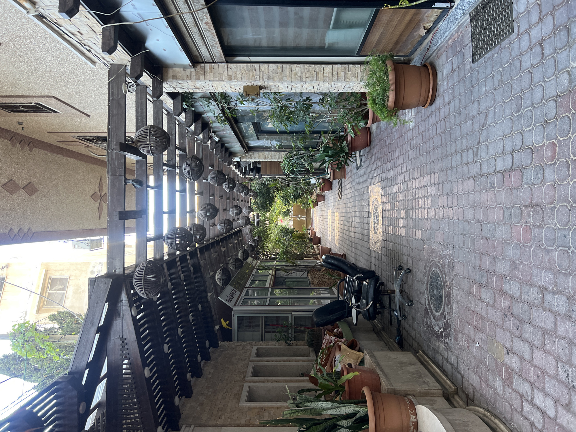 The image depicts an outdoor walkway lined with potted plants and decorative hanging lamps. The walkway is paved with interlocking red and grey bricks. On the left side of the walkway, there is a building with a stone facade, featuring several recessed windows. Next to these windows, there are large potted plants, including snake plants, and two office chairs with wheels. A covered pergola with a wooden slatted roof extends over the walkway, from which numerous spherical, dark-colored hanging lamps are suspended. To the right, another building with a light-colored textured facade is visible. This building has large windows and a door. More potted plants are arranged along this side of the walkway. The scene suggests an outdoor seating or waiting area. The location is identified as the city of Gaza, Palestinian Territories.