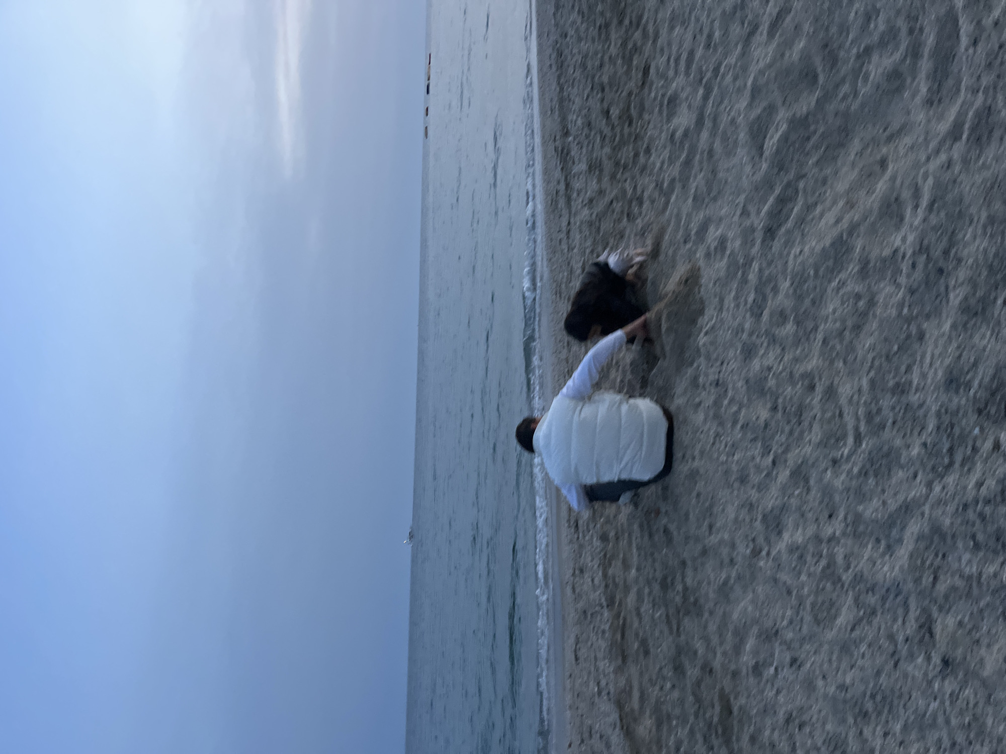 The photograph shows a beach scene, likely near Alanya, Turkey, though specific urban features are absent. The sky is overcast, transitioning to the sea. A sandy beach occupies the right side of the image, with a person in a white jacket and dark pants interacting with a dark-colored dog. The individual appears to be holding a stick, possibly engaging the dog in play. The sea is visible along the beach, with a small wave line.