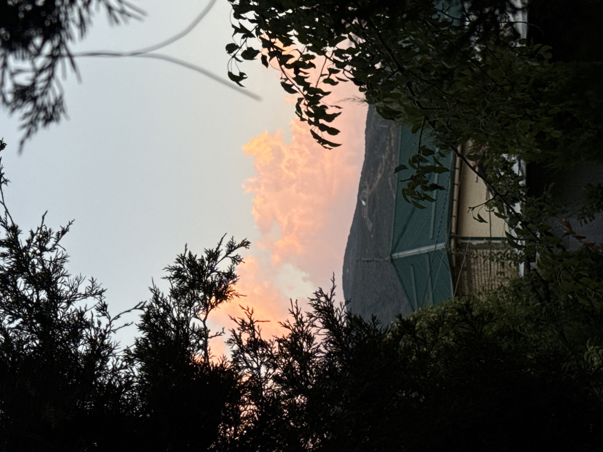 The image is an outdoor shot featuring a cloudy sky illuminated by the warm hues of sunset or sunrise. The foreground is dominated by the dark silhouettes of trees, with their branches and foliage creating a framing effect. Among the trees, particularly on the right side, parts of a building are visible, including a dark green structure that appears to be a roof or awning, and a lighter-colored wall. In the distance, a mountain slope is discernible, partly obscured by the building and the trees. The sky is a soft gradient of light grey near the top, transitioning to pale pink and orange where the clouds are illuminated. The overall mood is peaceful and serene, with the natural beauty of the sky contrasting with the man-made structures. The time of day is clearly indicated by the sunset/sunrise colors in the sky. The image does not contain any visible text.