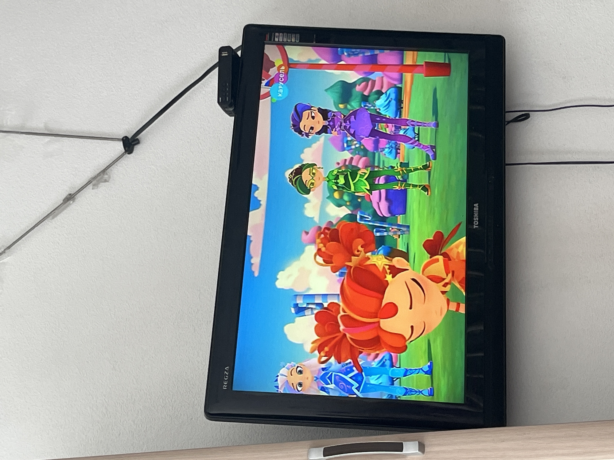 This is a forensic, matter-of-fact description of an image.
The image depicts a television screen displaying a cartoon. The screen is mounted on a wall in a room. The television is a black flat-screen model with the brand name "REGZA" visible at the top and "TOSHIBA" at the bottom.
On the screen, four cartoon characters are visible in a brightly colored, animated landscape. From left to right, the first character is a female with blue hair and a blue outfit, appearing to be standing. The second character is a female with red and orange hair, wearing an orange and yellow outfit, and is crouched down, appearing sad or contemplative. The third character is a female with green hair and glasses, wearing a green outfit. The fourth character is a female with dark purple hair, wearing a purple outfit. They are all standing in a grassy area with colorful, stylized trees and structures in the background. A small logo with the word "Карусель" in Russian is visible in the upper right corner of the screen, indicating the channel.
Above the television, a black digital TV tuner or set-top box is attached to the wall, connected to an antenna. A black cable runs from the TV down the wall. To the left of the television, a portion of a light-colored wooden door frame with a silver handle is visible.
The scene appears to be an indoor domestic setting. There is no information in the image to suggest a specific location within Chelyabinsk, Russia.