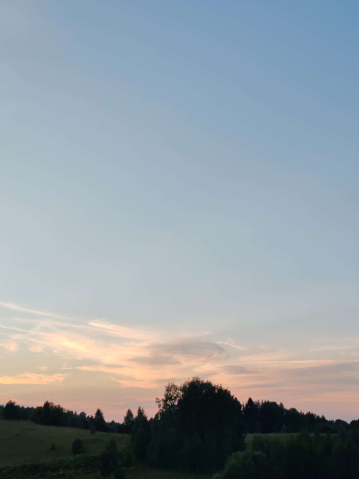 The image depicts a serene landscape under a pale blue sky at dusk. A gentle gradient of peach and pink hues colors the horizon, suggesting the last vestiges of sunlight. The foreground is dominated by a rolling green meadow dotted with dark silhouettes of trees and bushes, creating a sense of depth and natural beauty. The location is identified as Чухлэм, Russia. There are no people or animals visible in the frame, and no discernible actions or interactions are taking place. The scene is still and tranquil, capturing the quiet beauty of the natural environment at the close of day.