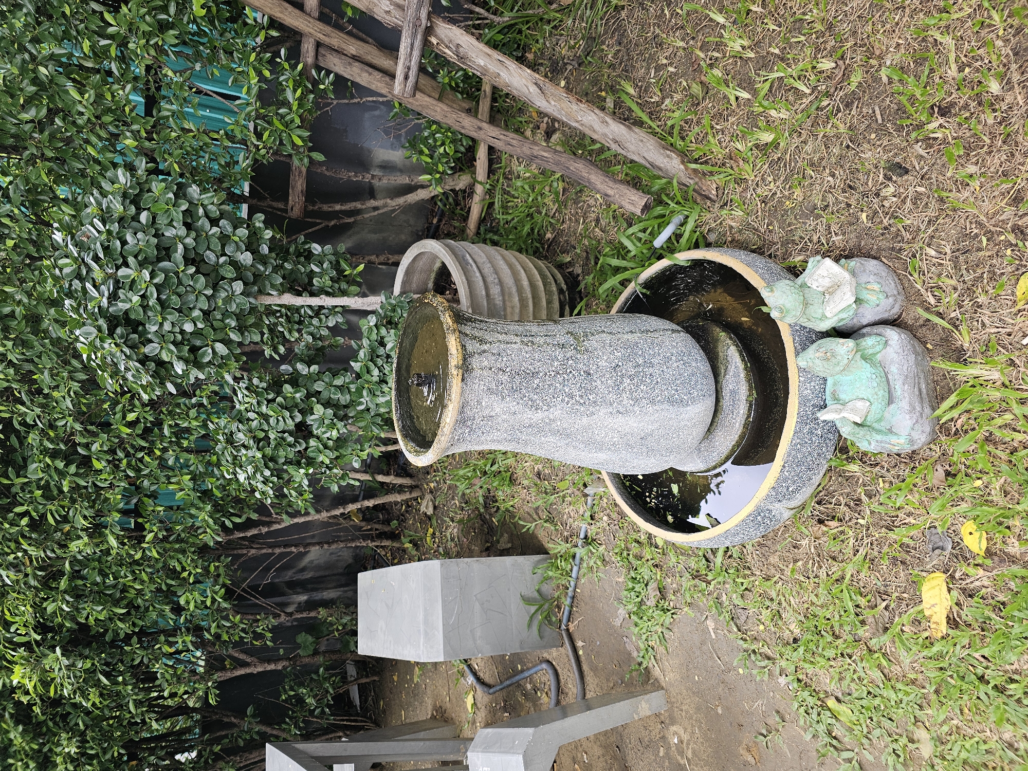 The image depicts an outdoor decorative fountain in a garden setting. The fountain is made of a gray, textured material and consists of a tiered structure with water flowing over the top. It is situated in a round basin filled with water. In front of the fountain, there are two small, green, frog-shaped statues. The surrounding environment includes lush green bushes, a large concrete planter, and some scattered debris on the ground, including dry leaves and grass. Wooden poles lean against the background greenery. The scene appears to be in a residential or commercial outdoor space in Bangkok, Thailand.