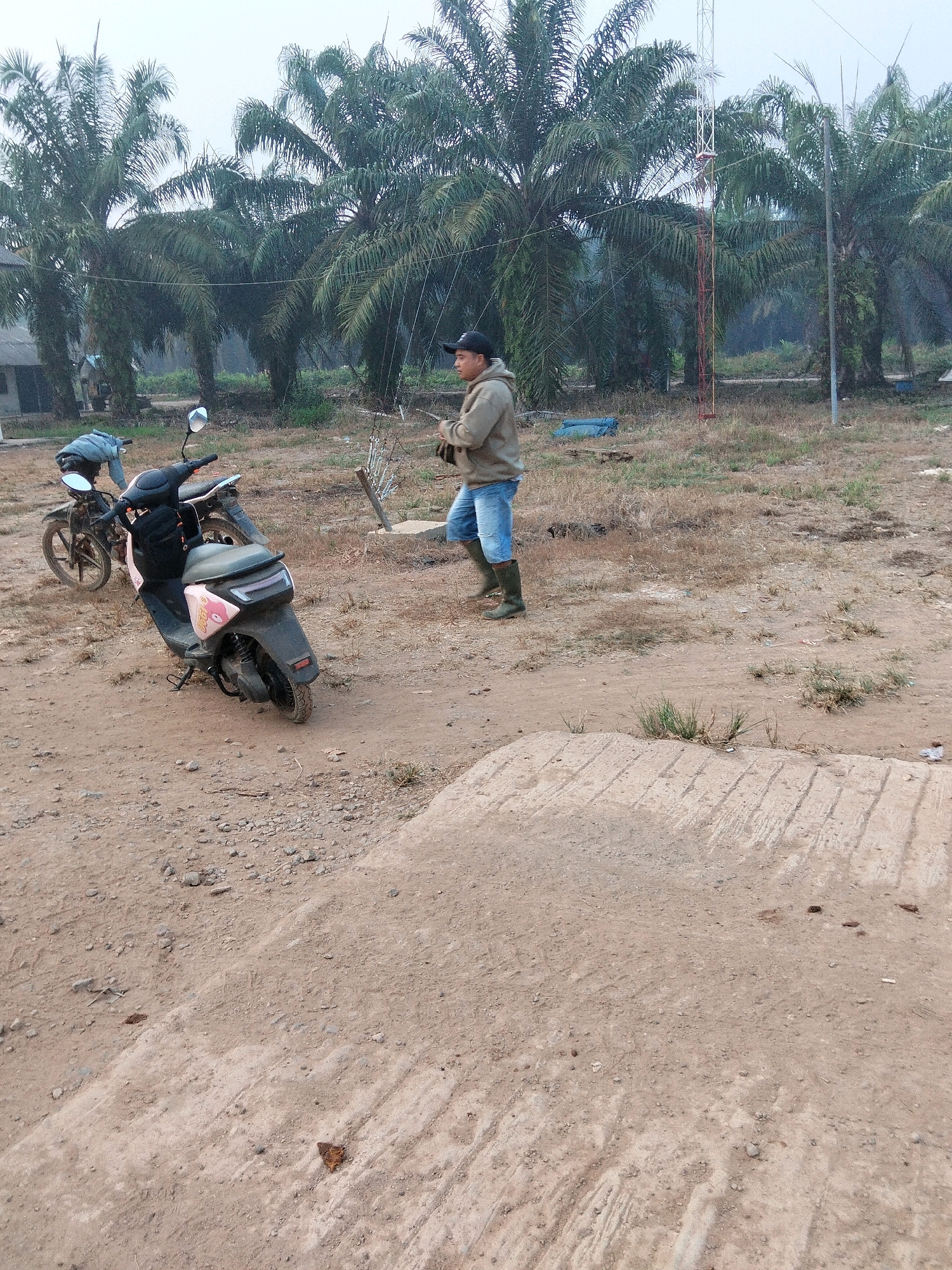 In Teluk Tenggirik, Indonesia, a man stands in a dirt lot near a grove of palm trees. He is wearing a tan hoodie, blue shorts, and green rubber boots. In front of him, a black and pink scooter is parked. To his left, a motorcycle is also parked. The ground is covered in dirt and dry grass. A radio tower is visible in the background. The sky is overcast.