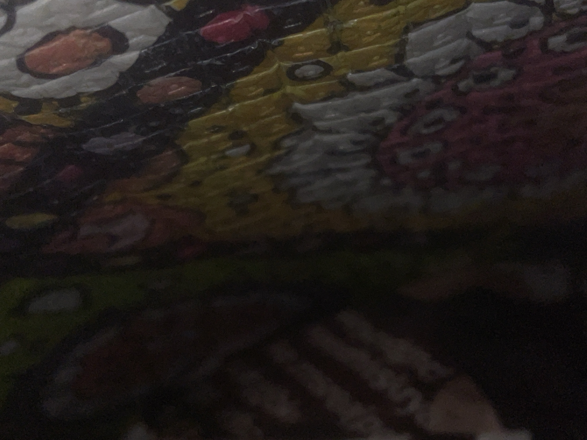 The image shows a close-up, oblique view of a surface with a patterned texture. The pattern appears to be a repeating design of stylized flowers or faces, rendered in various colors including pink, yellow, white, and black. The surface has a somewhat bumpy or quilted texture, with distinct raised lines separating the patterned elements. The lighting is dim, casting shadows and making some areas of the image difficult to discern clearly. The background is dark and out of focus. There is no visible indication of the city of Howayi, Nigeria or any specific environmental context that would place the image in that location.