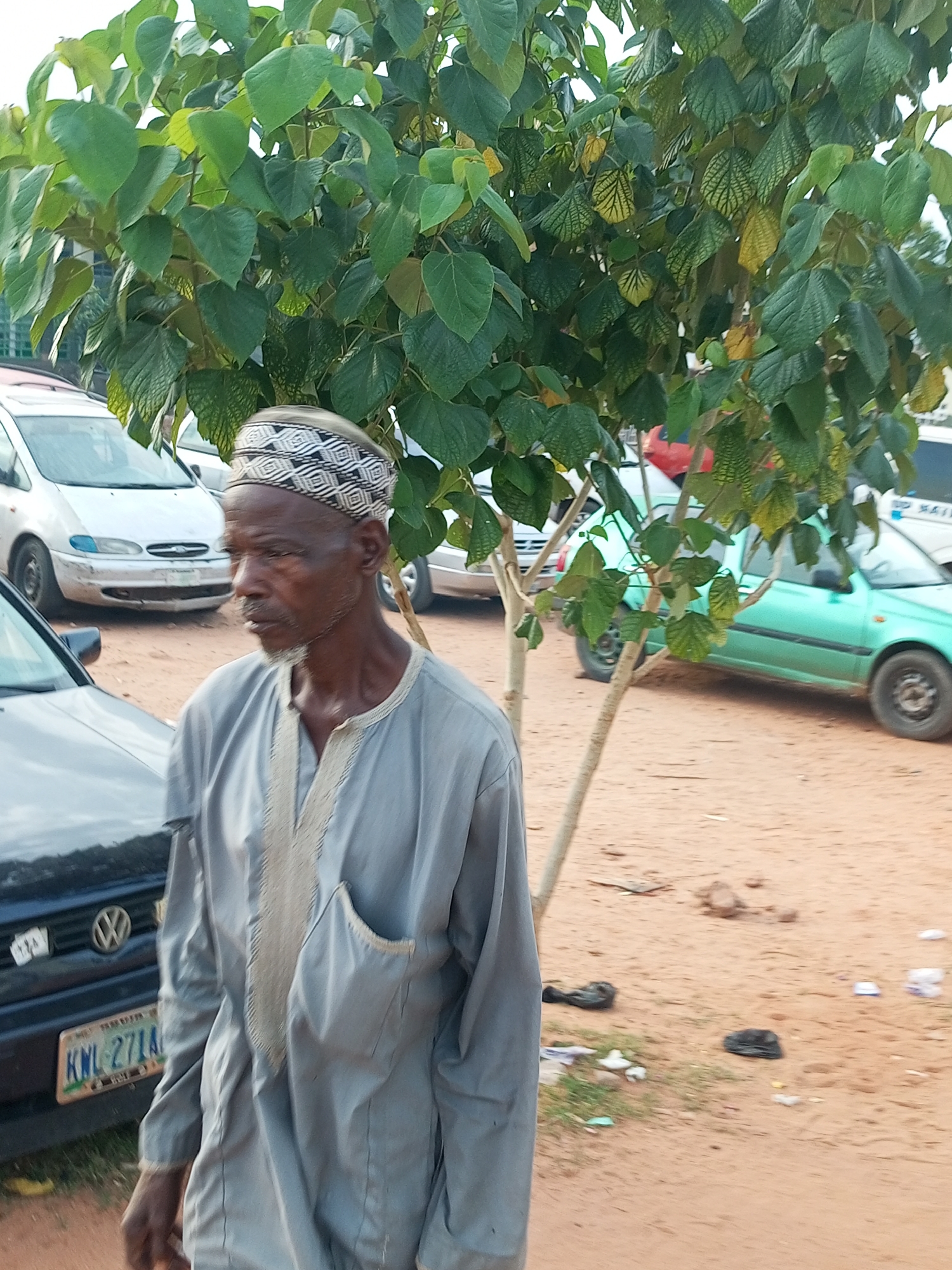 The image depicts an outdoor scene in the city of Gombe, Nigeria. A man, appearing to be in his 50s or 60s, is the central subject. He is wearing a light gray, long-sleeved tunic with a decorative trim and a patterned cap on his head. His beard is graying. He is looking slightly to his right.
In the background, several vehicles are visible. To the left, a white minivan is parked. To the right, a light green hatchback is parked. Further in the background, parts of other vehicles and structures are partially obscured. The ground is a mix of sandy earth and patches of dry grass, with some litter scattered around, including plastic bags and other debris. The man is standing near a tree with lush green leaves and a thin trunk. The overall lighting suggests it is daytime, possibly late afternoon or early morning due to the soft light. The environment appears to be a roadside or parking area.
