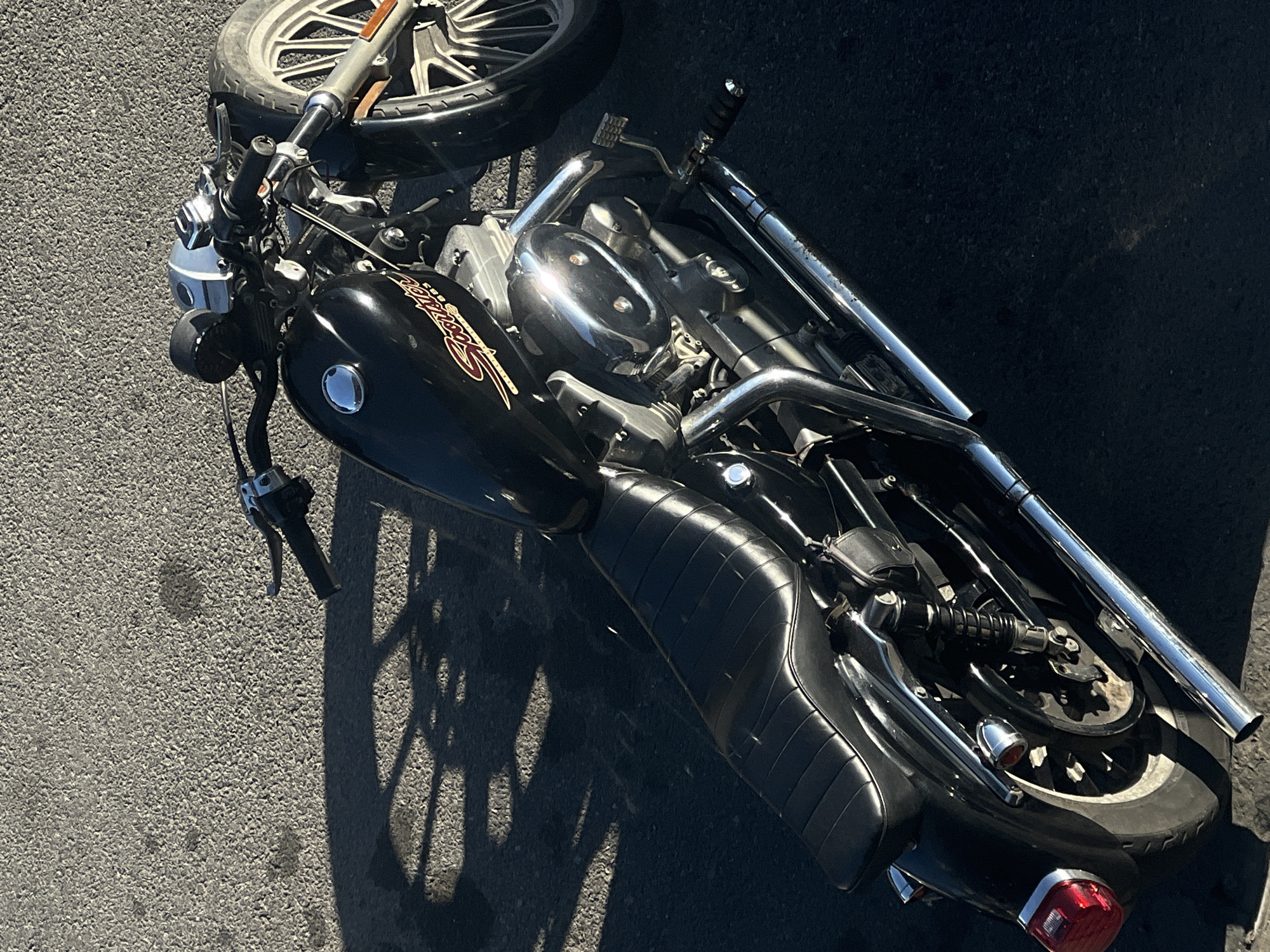 The image depicts a black Harley Davidson motorcycle lying on its side on asphalt pavement. The motorcycle's front wheel is turned to the left. The location appears to be an urban setting, based on the road surface, but the exact location within New York City is not discernible from the visual information.