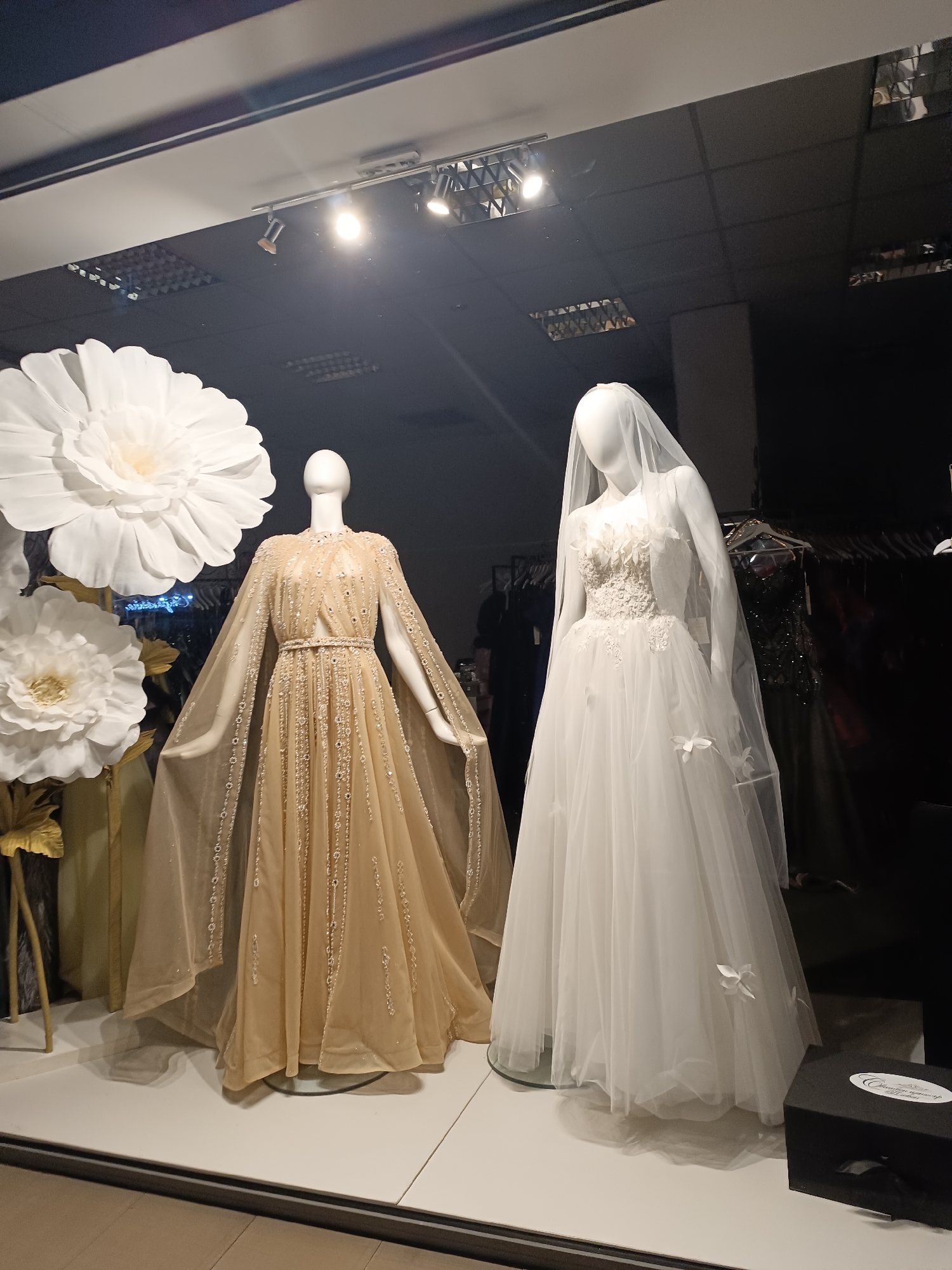 This image captures a shop window display featuring two mannequins adorned in elegant gowns, likely for bridal or formal wear, in Pleven, Bulgaria.
On the left, a white, featureless mannequin showcases a striking gold or champagne-colored dress. This gown features a flowing, floor-length skirt and a matching cape-like overlay with long, illusion sleeves. The entire dress, including the cape and a cinched waistline, is intricately embellished with vertical lines of sparkling beads, sequins, or crystals. To the left of this mannequin are large, white, multi-layered paper or fabric flowers, adding to the decorative appeal, with some golden foliage visible behind them.
On the right, another white, featureless mannequin models a traditional white wedding dress. This gown has a fitted bodice adorned with delicate floral or lace appliqués, and a full, voluminous skirt made of multiple layers of tulle. Small, white, three-dimensional butterfly or flower embellishments are scattered across the skirt. The mannequin also wears a matching white veil, extending down its back. The background behind this mannequin is dark, revealing glimpses of other garments on hangers, suggesting an interior store setting beyond the display.
The display is brightly lit by overhead track lighting, creating reflections on the display glass. The floor of the display is a clean white, contrasting with the dark background. A black box with a white label is placed at the foot of the right mannequin. The visible text on the label appears to be in Cyrillic script, possibly a brand or agency name like "Сватбена агенция" (Wedding Agency). The overall scene conveys a sense of elegance and celebration, typical of a bridal or formal wear boutique.