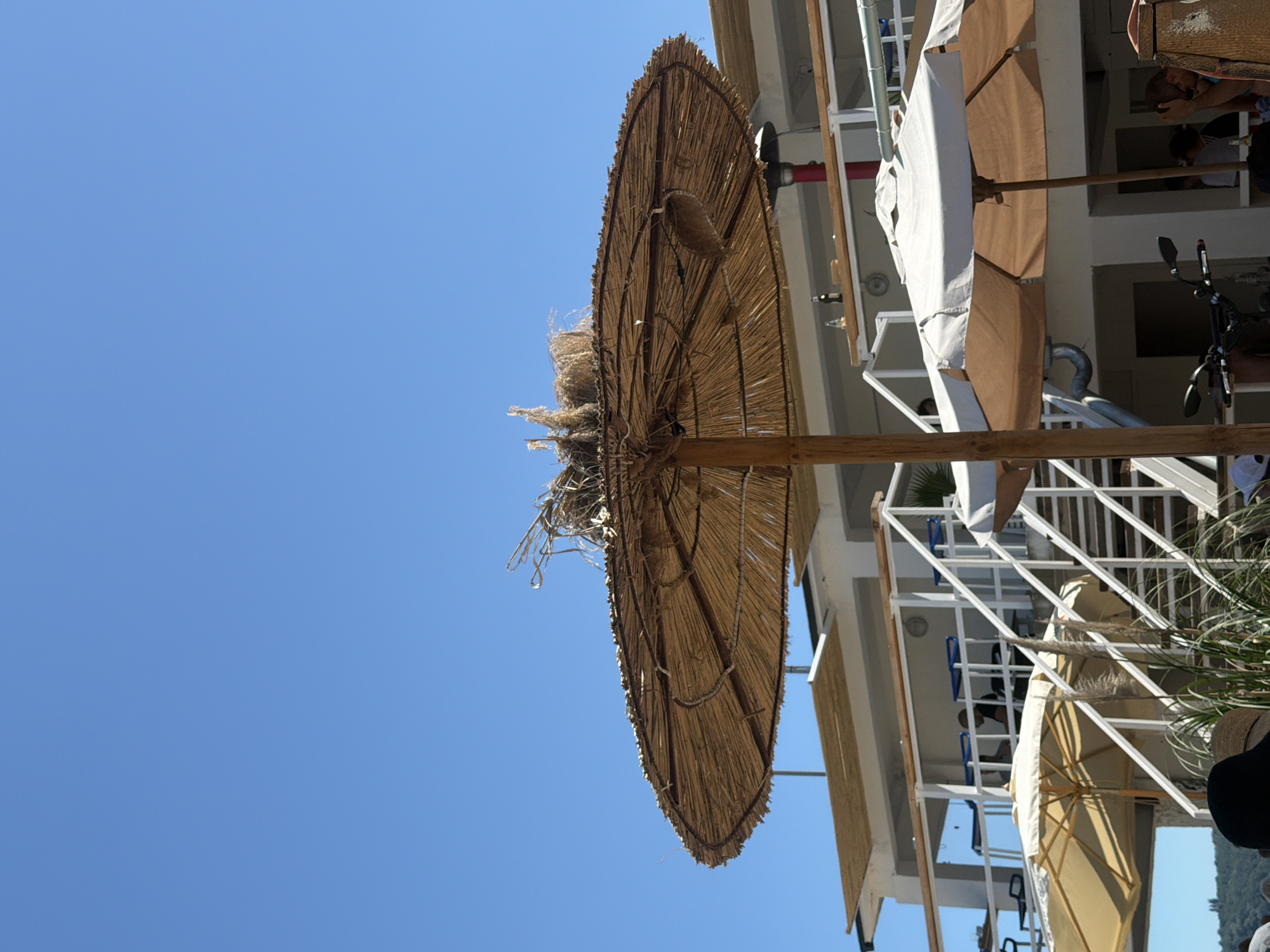 The image shows a sunny day at a beach in Varna, Bulgaria, with a clear blue sky. In the foreground, a large thatched umbrella is partially visible, with a bird's nest built on top of it. Behind the umbrella, a modern white building with a second level and a staircase is visible. Several other beach umbrellas, some made of fabric and some thatched, are also present. People can be seen in the background, some seated on a terrace, and others walking around. The overall scene depicts a lively beach resort.