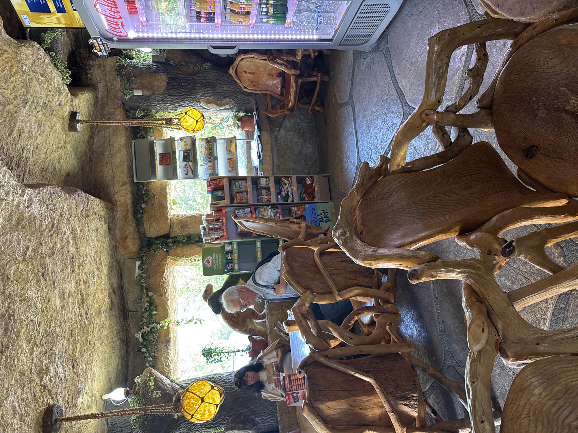 Here is a detailed description of the image:
**Scene:** The image shows the interior of a shop or store in what appears to be a thematically decorated setting.
**Location:** Based on the OCR text, the shop might be in Omurtag, Bulgaria, since some of the text is in Cyrillic and the brand "Zaruzo" is featured.
**People:**
* Two individuals are visible. One is an elderly man wearing glasses and a light-colored shirt. He is looking at merchandise or interacting with something on the counter. The second is a woman with sunglasses.
**Subjects/Objects:**
* The store features a uniquely designed interior, with elements resembling trees, rocks, or a cave-like structure.
* There are custom-made chairs and tables that look like they're crafted from tree branches.
* Shelves are stocked with various goods, including food items, books, and other products.
* A Coca-Cola refrigerator is stocked with drinks.
* There are decorative lamps with a spherical, net-like design.
* Snacks such as chips are on display.
**Actions/Interactions:**
* The individuals seem to be browsing or possibly purchasing items from the store.
**Environment:**
* The store has an immersive, naturalistic theme.
* The lighting is somewhat dim, with warm-toned accent lights.
* The overall ambiance is quirky and inviting.