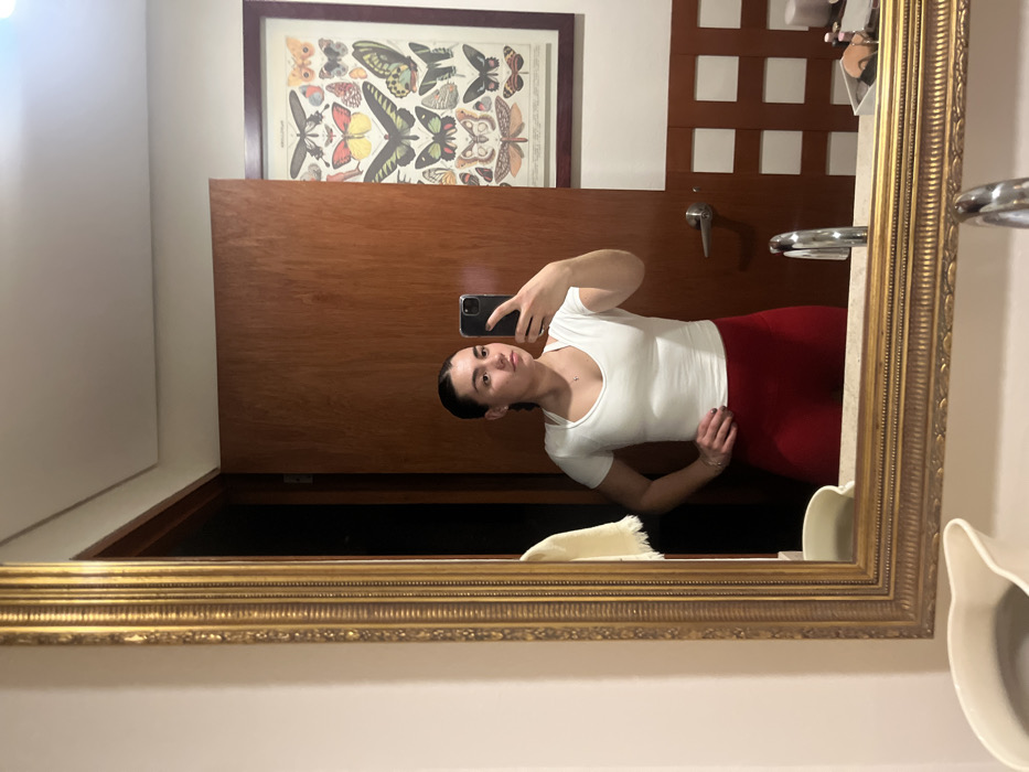 The image depicts a mirror selfie of a woman taken indoors, likely in a bathroom or dressing area. The woman has dark hair pulled back and is wearing a white short-sleeved top and red form-fitting bottoms. She holds a dark-colored smartphone in her right hand to capture the reflection, with her left hand resting on her hip. Her eyes are directed towards the camera in the reflection.
The mirror has a prominent, ornate gold-colored frame. Behind the woman's reflection, a dark wooden door with a silver doorknob is visible. To the right of the door, a framed print featuring multiple scientific illustrations of various butterflies and moths is mounted on a light-colored wall. The lower portion of the foreground shows a light-colored countertop, consistent with a bathroom vanity, with a silver-toned faucet and a few small personal items to the right. A white pitcher is partially visible on the lower left of the countertop. A light-colored towel is hanging partially visible to the left of the woman's reflection. The specific location within Mexico City cannot be determined from the visual evidence provided.