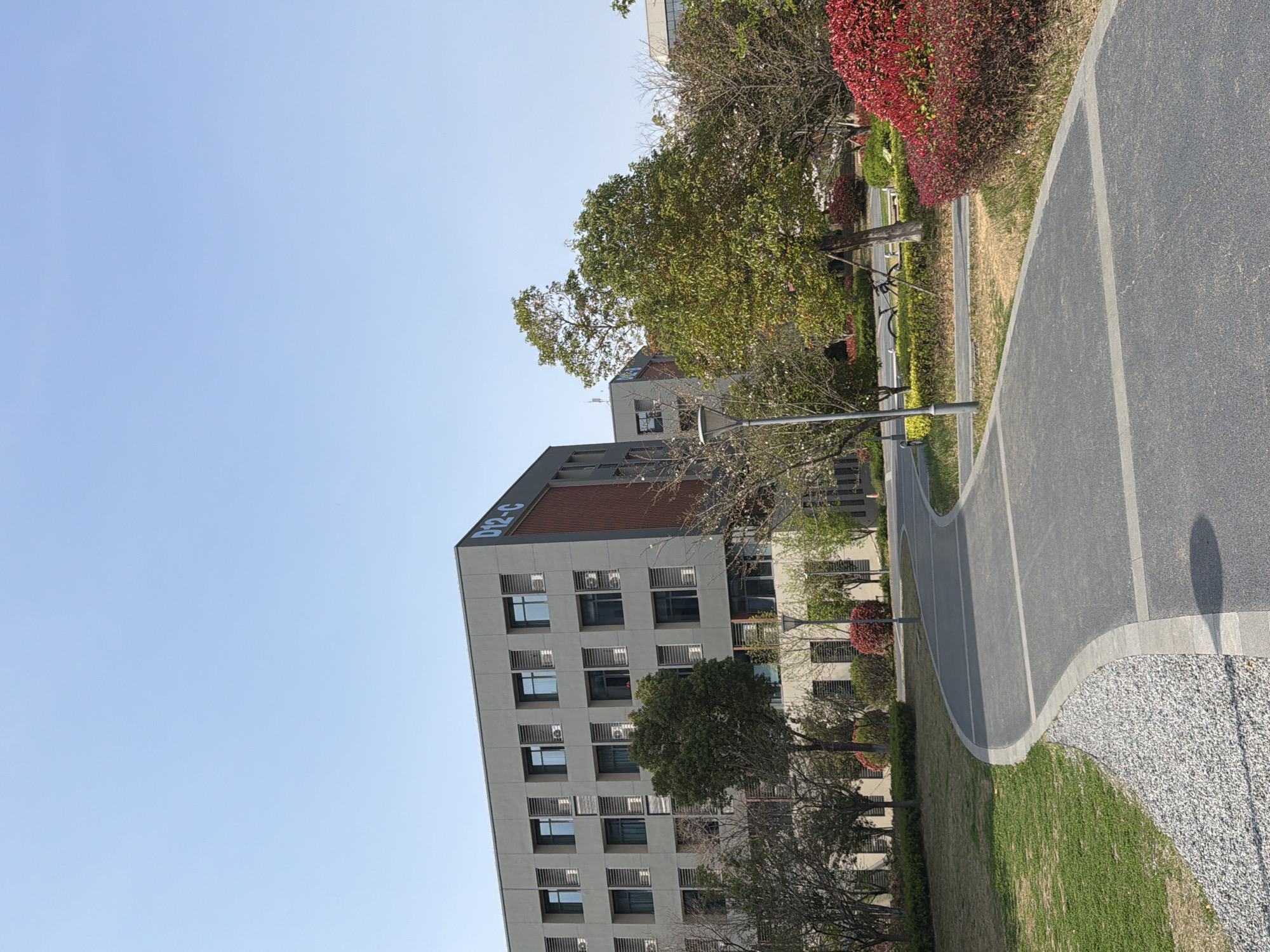The image shows a building marked "D12-C" in Jiangning District, China. The building is gray with multiple windows and red brick accents. A paved pathway runs alongside the building, bordered by grass, trees, and red bushes. The sky is light blue.
