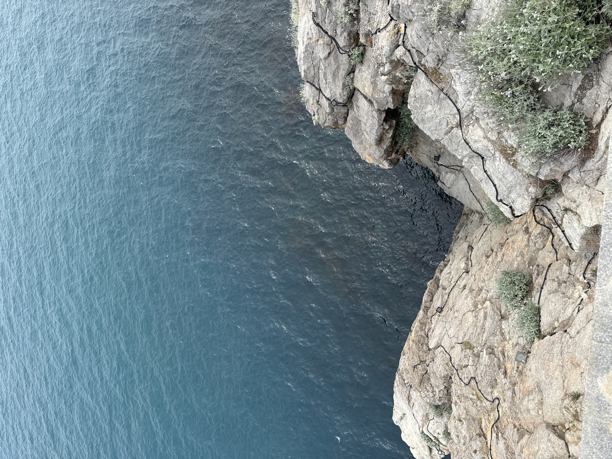 The image shows a high-angle view of a cliff face meeting the sea. The cliff is predominantly grey and beige with patches of green vegetation. A black cable or pathway is secured to the cliff face. The water is a deep blue, exhibiting slight ripples on the surface. The location is possibly Гаспринский поселковый совет, Ukraine, based on the image context. There are no people visible in the image. The primary subjects are the cliff, the sea, and the cable pathway.