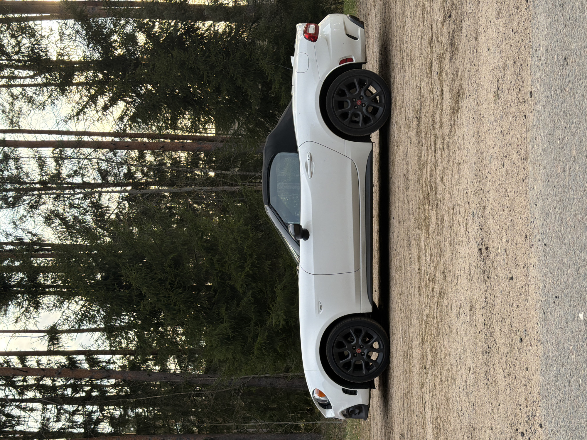 A white two-door convertible car, consistent with a Fiat 124 Spider or Abarth 124 Spider, is depicted parked outdoors. The car is viewed from its side profile, positioned on a light-colored ground surface that appears to be a gravelly or worn asphalt road or driveway. It features a black soft-top roof and black multi-spoke wheels, with a red and black circular emblem—likely the Abarth scorpion logo—visible on the wheel hubs.
In the background, a dense stand of tall coniferous trees, possibly pines or spruces, forms a forest or woodland setting. Sunlight filters through the tree canopy from a low angle, suggesting either early morning or late afternoon, creating bright areas and obscuring parts of the sky. The weather appears clear. No people or specific activities are visible in the static scene. The rural or semi-rural environment, characterized by the dense forest and the type of road, is consistent with the provided location context of Высокаўскі сельскі Савет, Belarus.