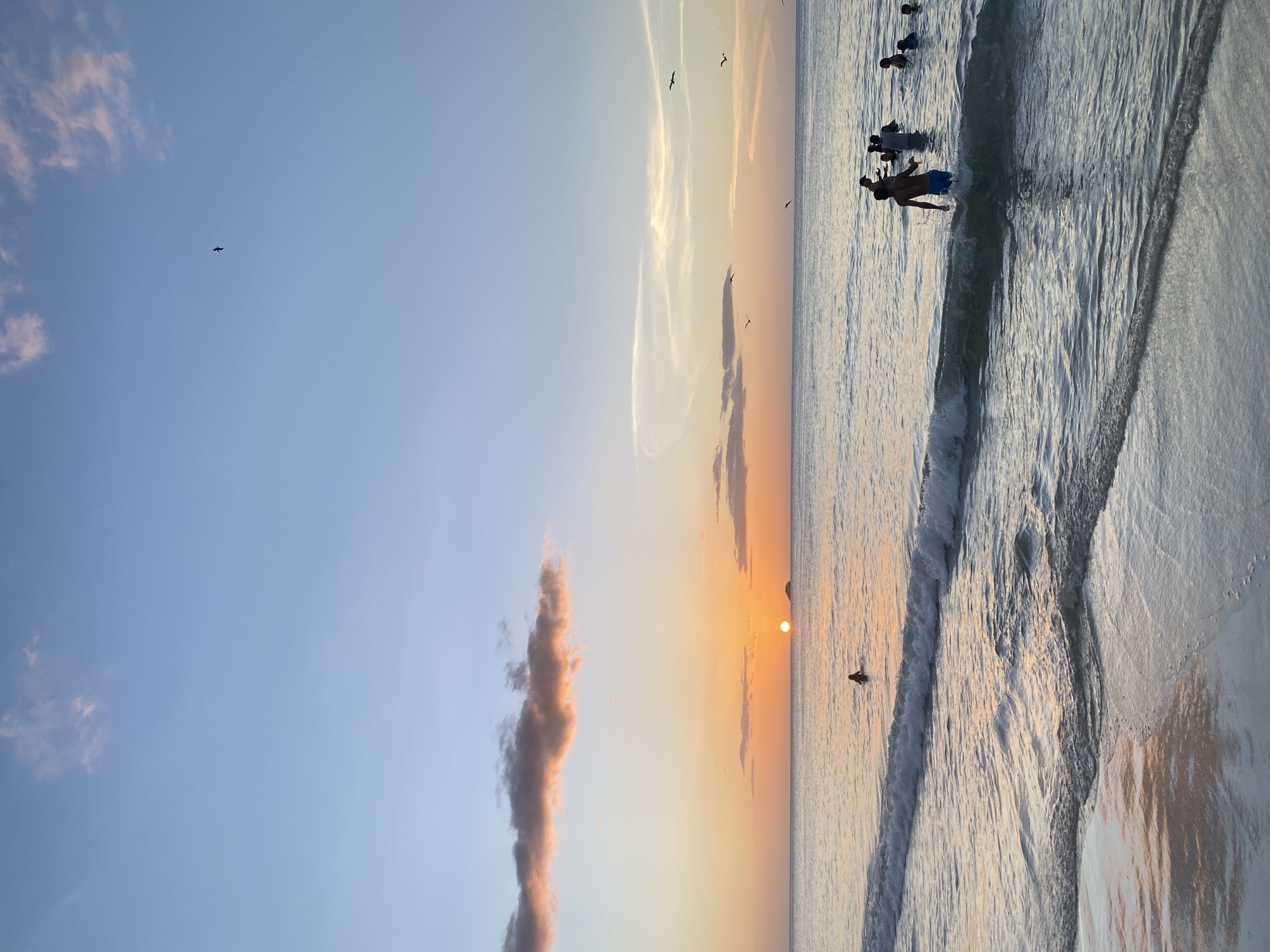 The image depicts a sunset scene at a beach, presumably in Pedro González, Venezuela, as suggested by the prompt. The sun is setting on the horizon, casting a warm orange glow across the sky and water. Several clouds are present, with some tinged pink by the setting sun. Birds are visible flying in the sky. In the water, several people are engaged in activities, with some wading and others appearing to swim or play in the waves. A prominent wave is breaking near the shore, and its reflection is visible on the wet sand. The overall atmosphere is serene and tranquil, indicative of a peaceful evening by the sea.