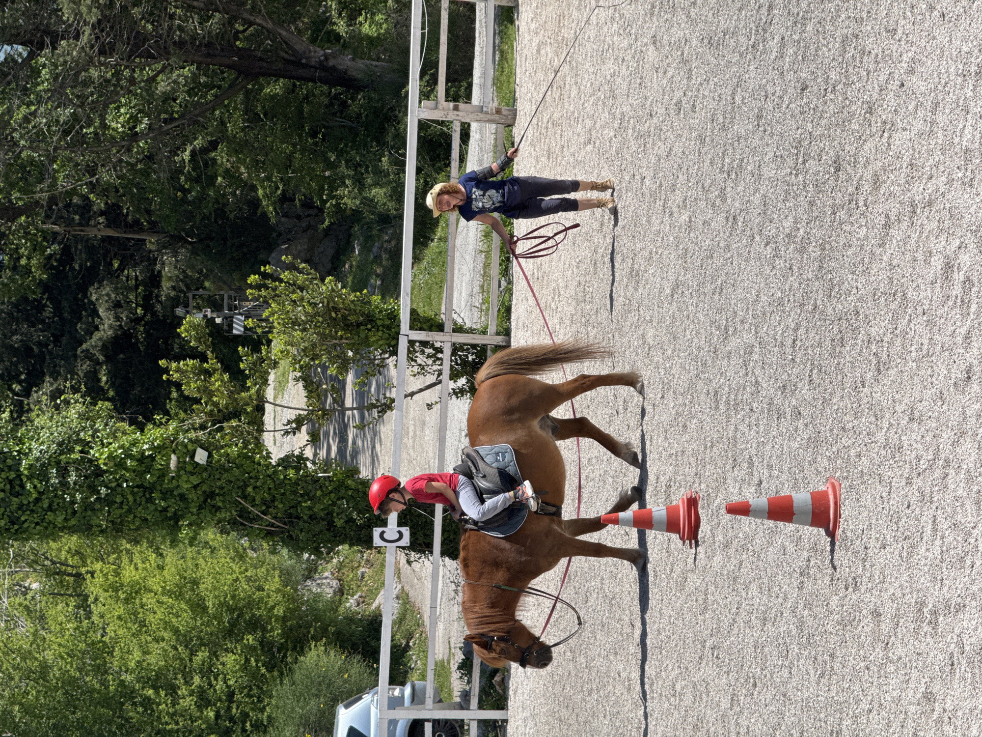 The image captures an outdoor horse riding lesson under bright daylight. A young child, wearing a red helmet, red t-shirt, light-colored pants, and sneakers, is seated on a small brown pony. The pony is equipped with a dark saddle and bridle. An adult instructor, wearing a light-colored hat, a blue t-shirt, dark pants, and boots, stands to the right of the pony. The instructor holds a long lead rope connected to the pony's bridle and also carries a riding whip. A protective arm guard is visible on the adult's left forearm.
The lesson takes place in a riding arena with a light-colored gravel or sand surface. Two red and white striped traffic cones are placed on the ground near the pony's front legs. A white wooden fence borders the arena, and a white sign with a black letter "C" is attached to one of the fence posts. In the background, abundant green trees and foliage create a natural, verdant setting. Distinct shadows are cast across the arena surface, indicating a sunny day.